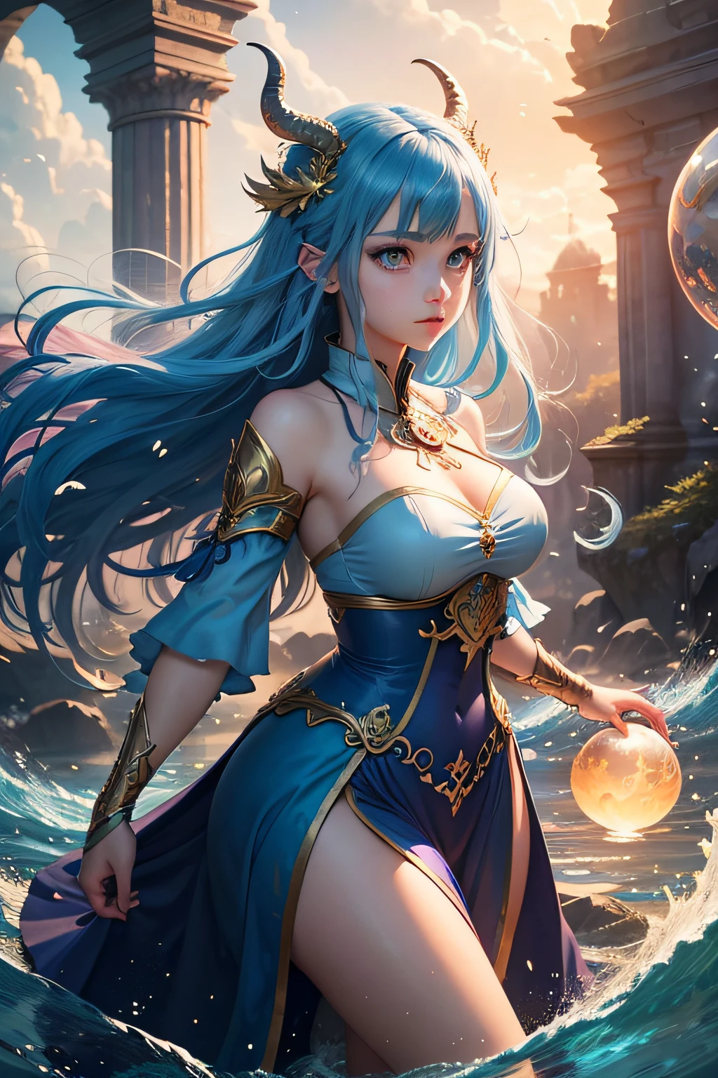 blue-eyed girl, dragon maid, fantasy setting, vibrant colors, detailed character, enchanting atmosphere, anime style, magical creatures, traditional Japanese clothing, dragon horns, flowing hair, ethereal beauty, mystical powers, dragon scales, sparkling eyes, playful demeanor, soft and delicate features, dynamic pose, epic battle scene, powerful wings, intricate dragon tattoos, mythical artifacts, magical staff, glowing orbs, whimsical background, ancient ruins, floating islands, fantastical landscapes, swirling clouds, golden sunlight, shimmering water, breathtaking scenery, masterfully painted, high-res artwork