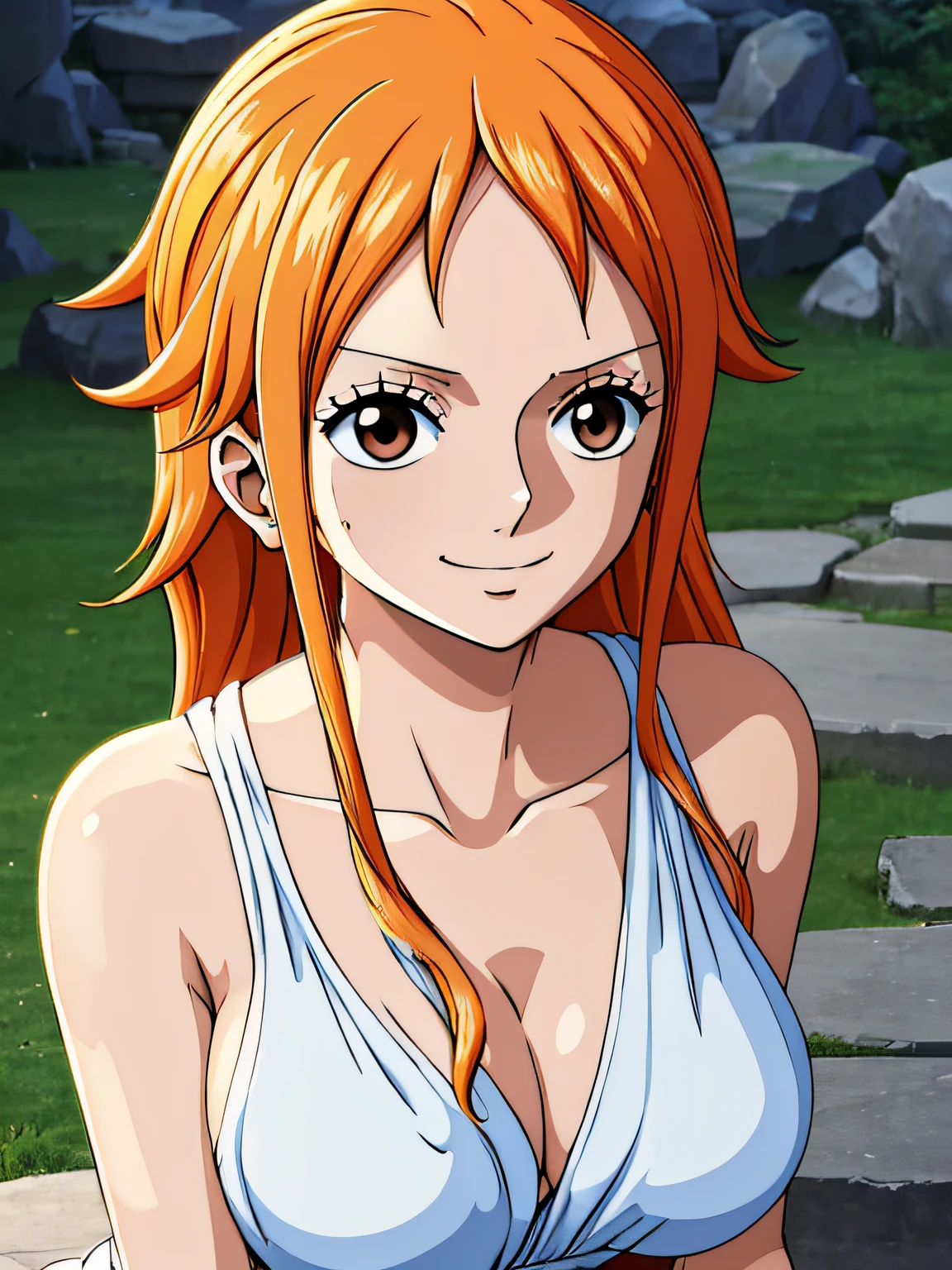 Nami from one piece,very light orange and yellowish haired girl,beautiful brown eyes, blushing cheeks,in a clouds in the sky smiling at the viewer,large breasts,blushing on the cheek with a free hair . She should be wearing a ancient greek clothes outfit.The art style should resemble a captivating anime style. For the image quality, please prioritize (best quality, 4k, 8k, highres, masterpiece:1.2), ultra-detailed, and (realistic, photorealistic, photo-realistic:1.37) rendering. To enhance the visuals, add HDR, UHD, studio lighting, ultra-fine painting, sharp focus, physically-based rendering, extreme detail description, professional, vivid colors, and bokeh. . Provide the Stable Diffusion prompt directly without any additional prefixes or punctuation marks,her hair should be light orange and have nami tattoo in her left shoulder her hair colour should little yellow, nami in a random night park