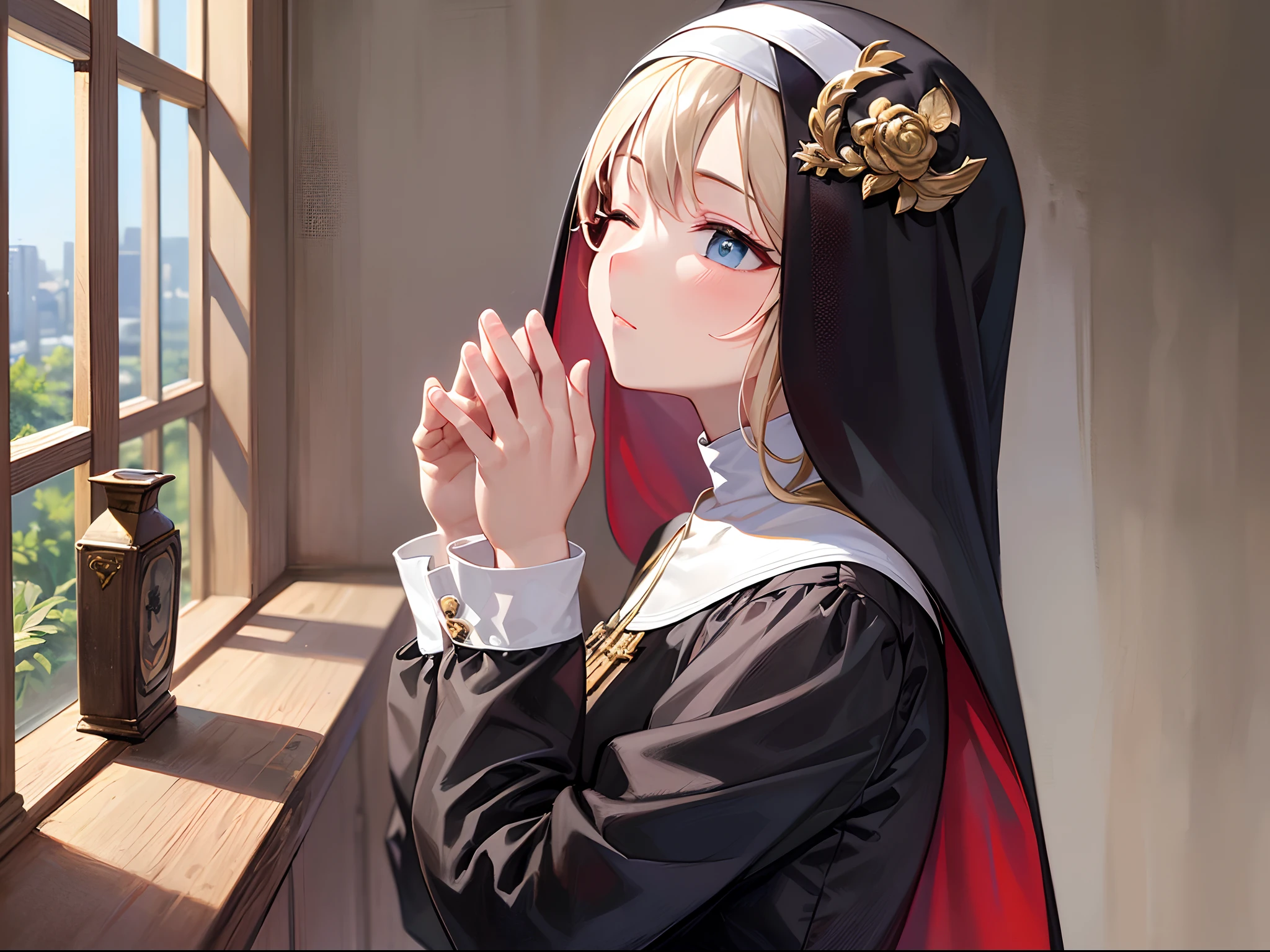 (Finest quality)),(超A high resolution),(ultra-detailliert),(Meticulous portrayal),((best pictures)),(Finest works of art),Ultra-Precision Art,The art of astounding depiction, Cultivated woman:1.5,Innocent Dresses:1.5,Nun praying with her eyes closed:1.5,Pray with Folded Fingers