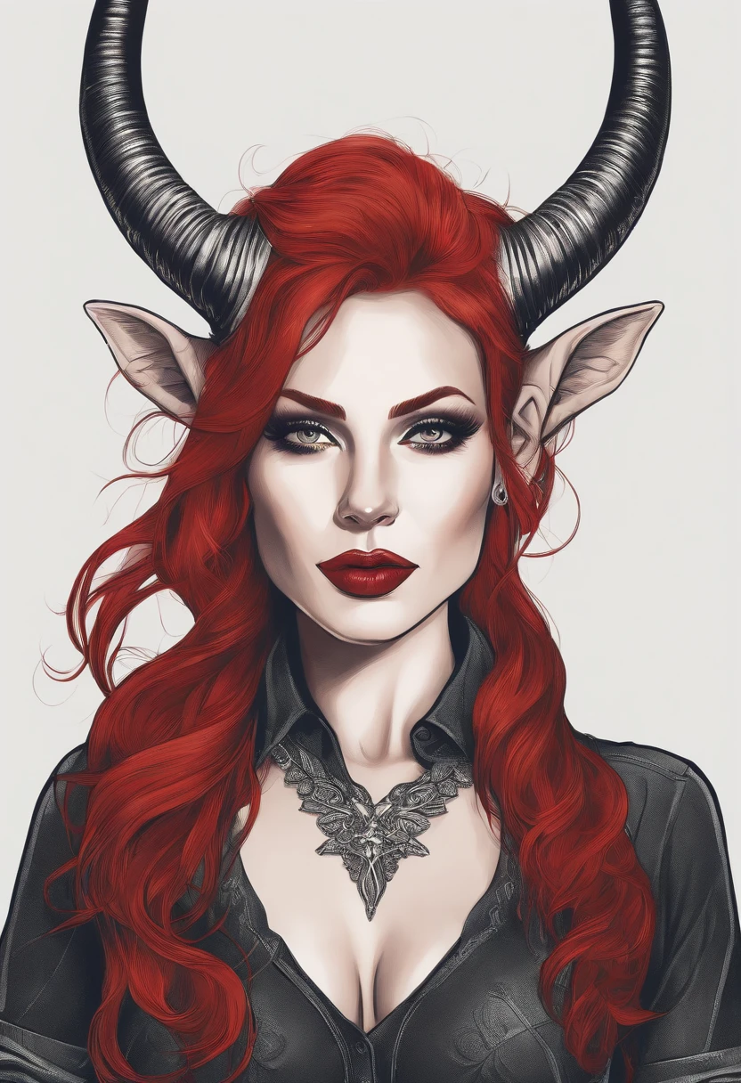 Highly detailed, Seductive erotic female with horns, Tight fitting shirts, (Busty, The are so huge that the shirt constantly destroys, Red hair), face centered, Face Focused, intricately detailed eyes,