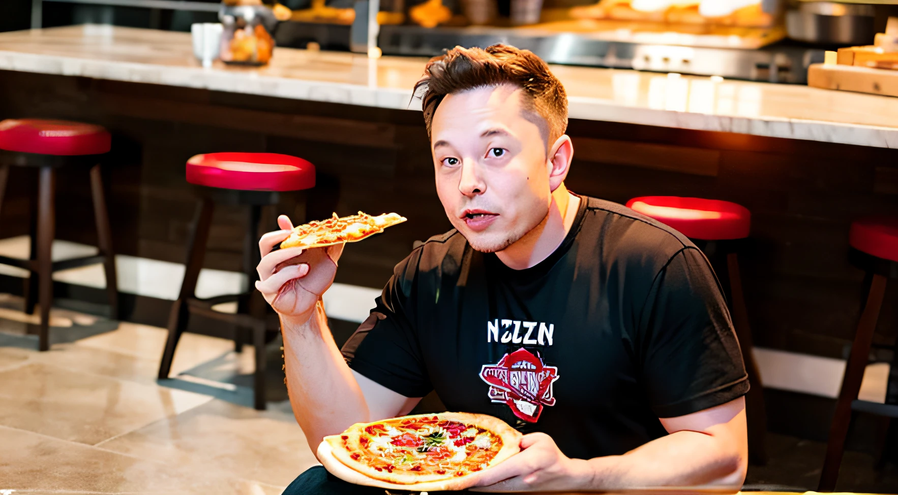 Elon Musk EATING A PIZZA IN A BEAUTIFUL, LIT AND WELL BUZZY PIZZARIA