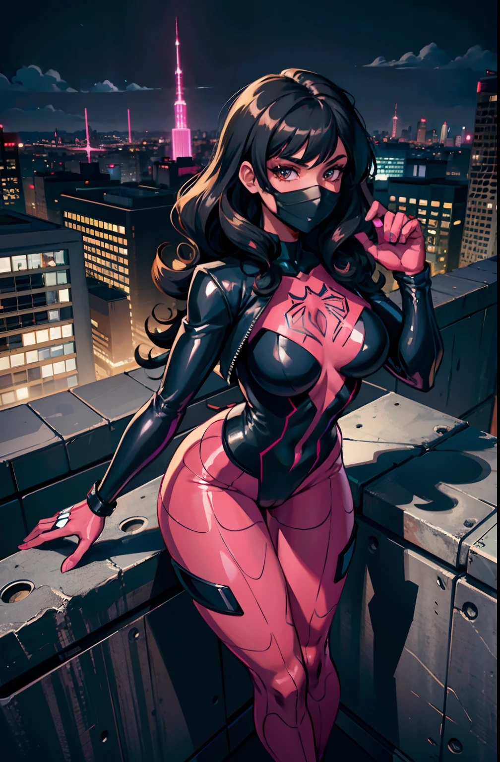 (masterpiece),(best quality:1.0), (ultra high resolution:1.0), detailed illustration, 8k, White girl (with black hair) (really curly hair) (free hair) wearing a black spiderman suit, A pink spider symbol on the chest of her suit, Black leather jacket , Black facemask, Pink goggles, She is on the roof of a building looking at the city at night (full body) (full view of the background)