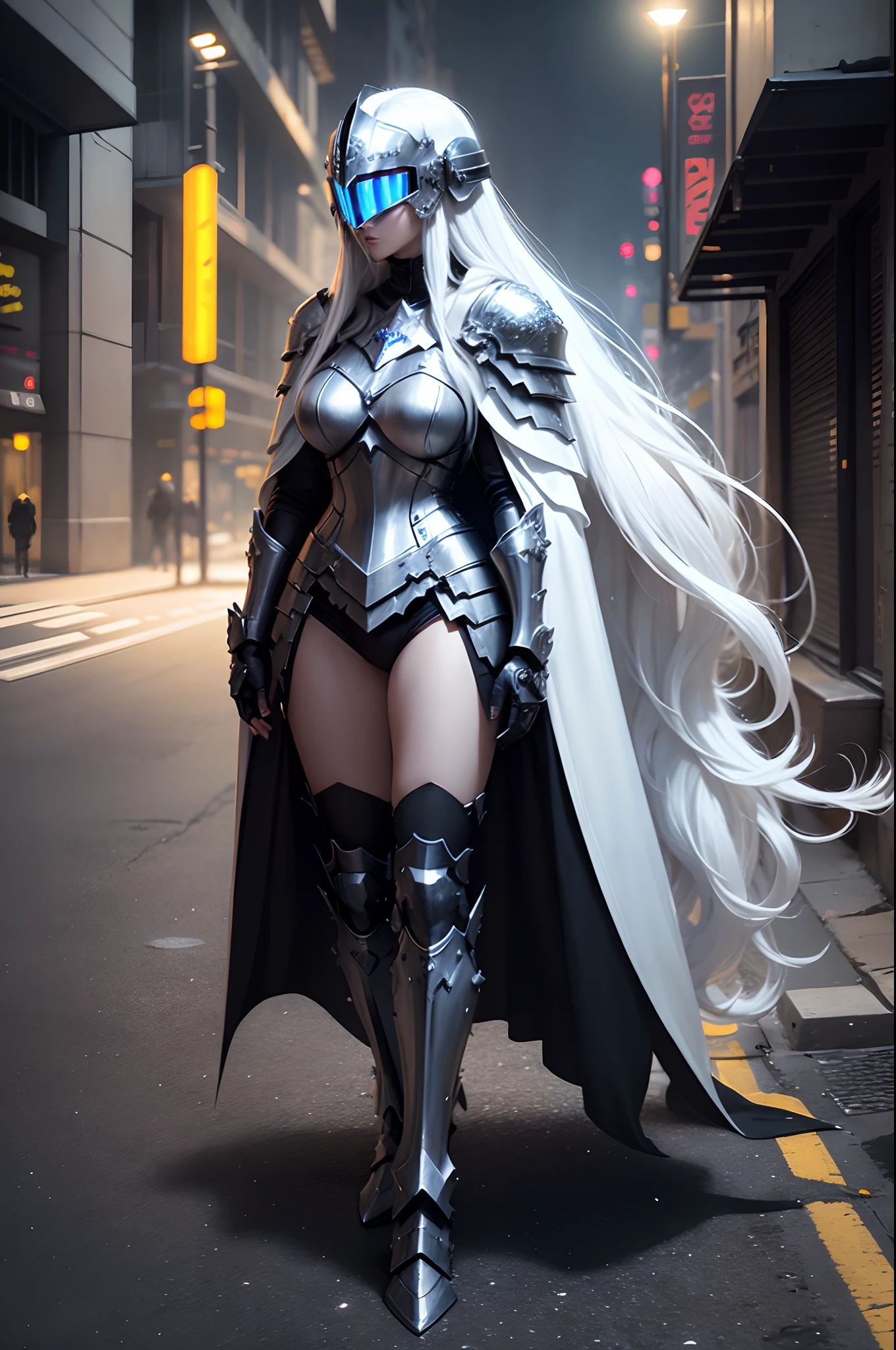 Paladin girl in black metal knight armor and cyberpunk helmet, Long white hair, white cloak, glowing neon, futuristic city, Mixing styles, higly detailed, Realistic full-length photo