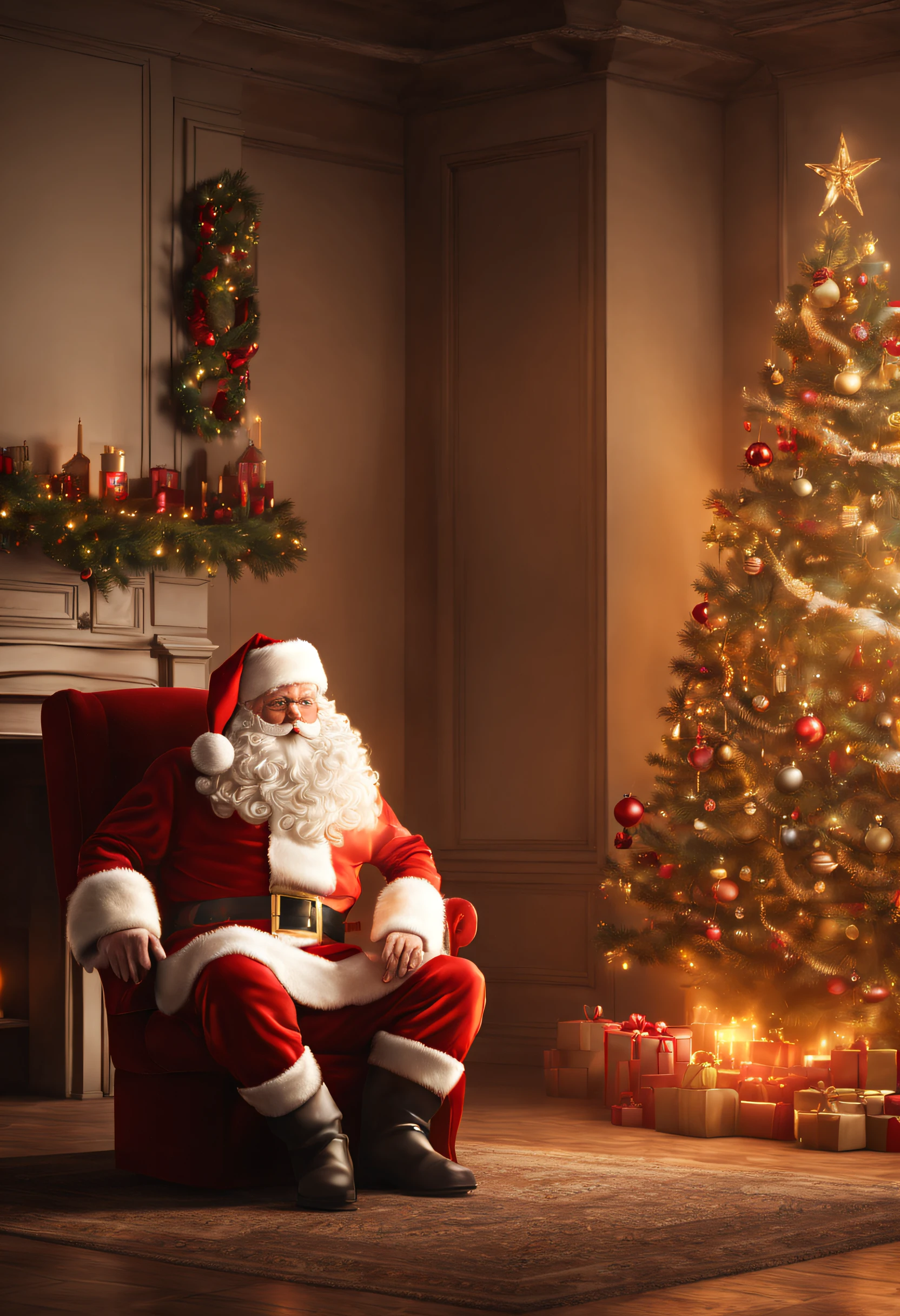 santa claus and a christmas tree next to a fireplace in a room, fhd, photorealistic, beauty