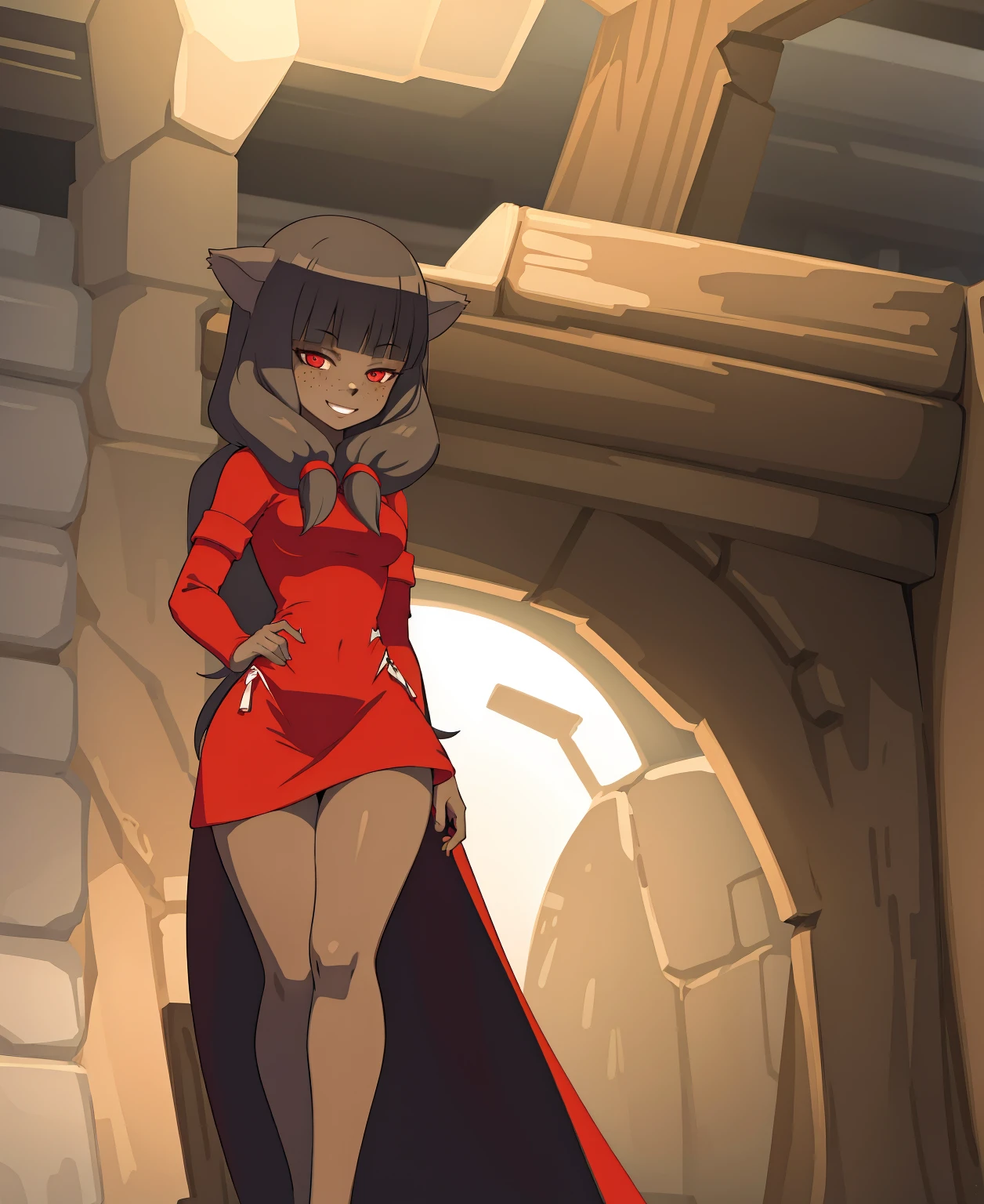 1girl, dark skin, smile, cat ears, bangs, long hair, freckles, full body, , princess skirt, red eyes, hood , cloak, yellow cloths