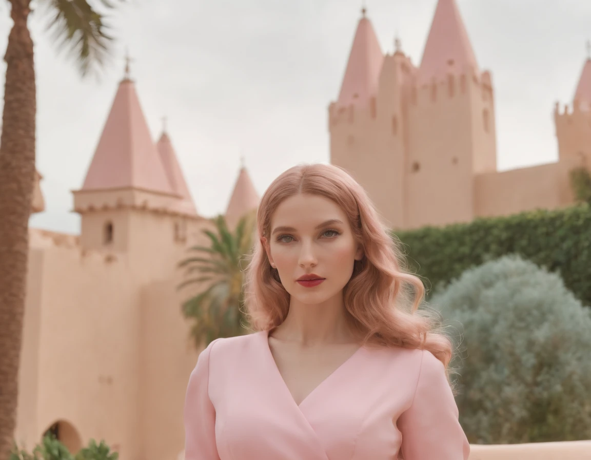 8k portrait of a 1960s science fiction film by Wes Anderson, Vogue anos 1960, rosa pastel cores, amarelo, azul, verde, pink castle, 8k, ultra realistic, hig definition, palm trees, mansion, doll house style, corvette 1956 pink,, Luz Natural, Psicodelia, futurista estranho, fotorrealista, hiper detalhado, foco nítido, Intrinsic, Fuji filmes 55mm, people dancing next to puool