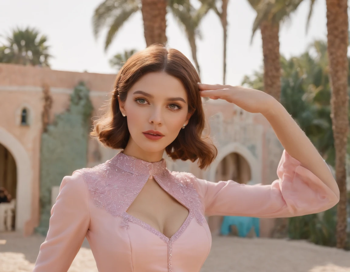 8k portrait of a 1960s science fiction film by Wes Anderson, Vogue anos 1960, rosa pastel cores, amarelo, azul, verde, pink castle, 8k, ultra realistic, hig definition, palm trees, mansion, doll house style, corvette 1956 pink,, Luz Natural, Psicodelia, futurista estranho, fotorrealista, hiper detalhado, foco nítido, Intrinsic, Fuji filmes 55mm, people dancing next to puool
