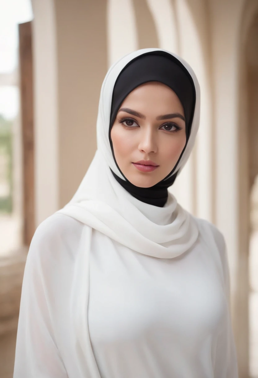 beautiful girl in white hijabs, with long shirts and black leggings, who come from Indonesian Spanish descent, have brown eyes, and big breasts and big asses, are stand up,