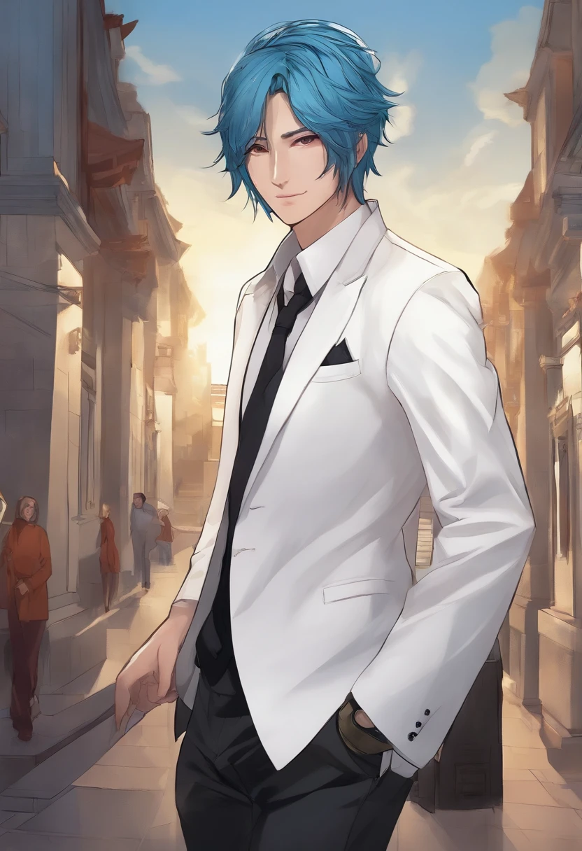 Masterpiece, Best quality, ((1人)),Blue hair,Green eyes,Serious expression, Smiling,Waist up,Line art,Medium hair,white suit jacket,Black T-shirt,expressionless eyes,((Tate Kubo style))