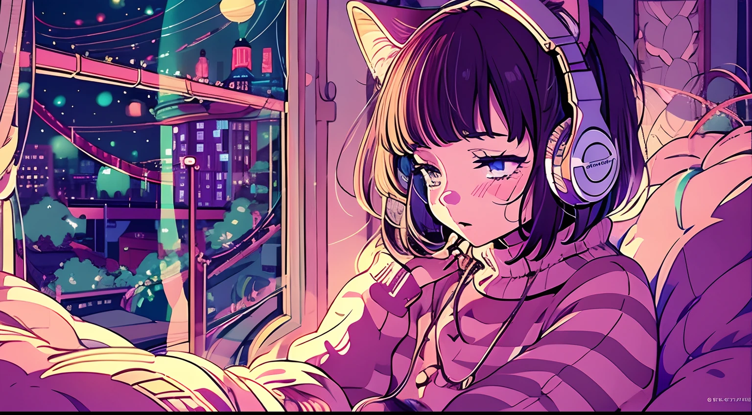 Uma garota de anime detalhada, wearing a large sweater, usando fones de ouvido com faixa de ouvido, ZERO, Calmo, Calm vibrations, arrepiante, em seu quarto olhando para a janela, Noite, Noite Tranquila, Gato, master part, best quality
