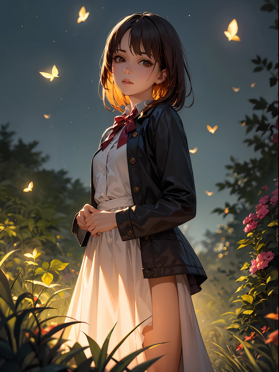 realistic, photorealistic, super detail, one girl, wide angle of view, firefly garden, lots of small faint light and fireflies flying around, night, 24K UHD