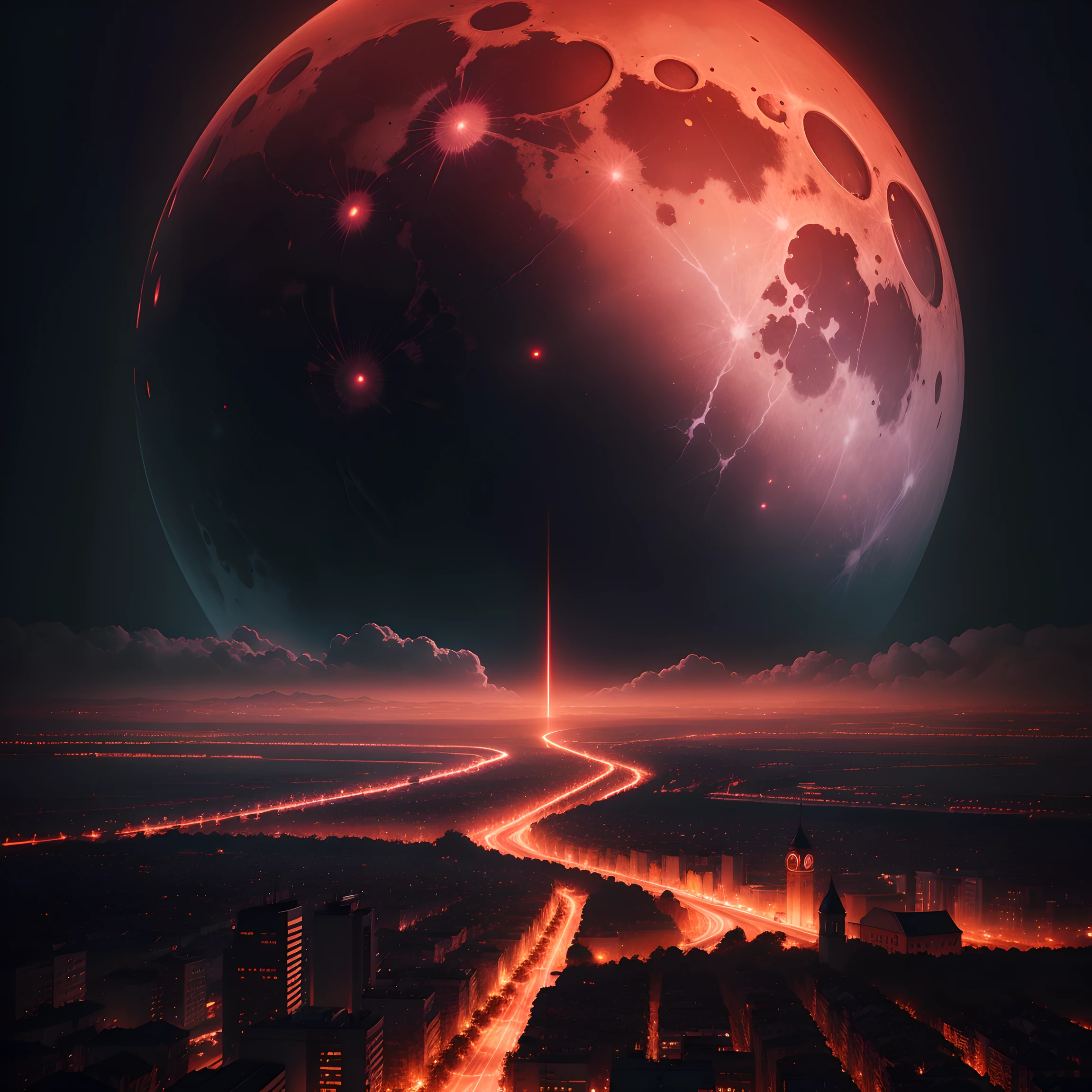 Dark night over the city, Red Moon, Red Moon with Energy Flow, Energy tides, Bad premonitions, scenery, Don't be human, There is energy flow, Highly realistic, 4K, Chiaroscuro, Ultra-high detail awaits the start