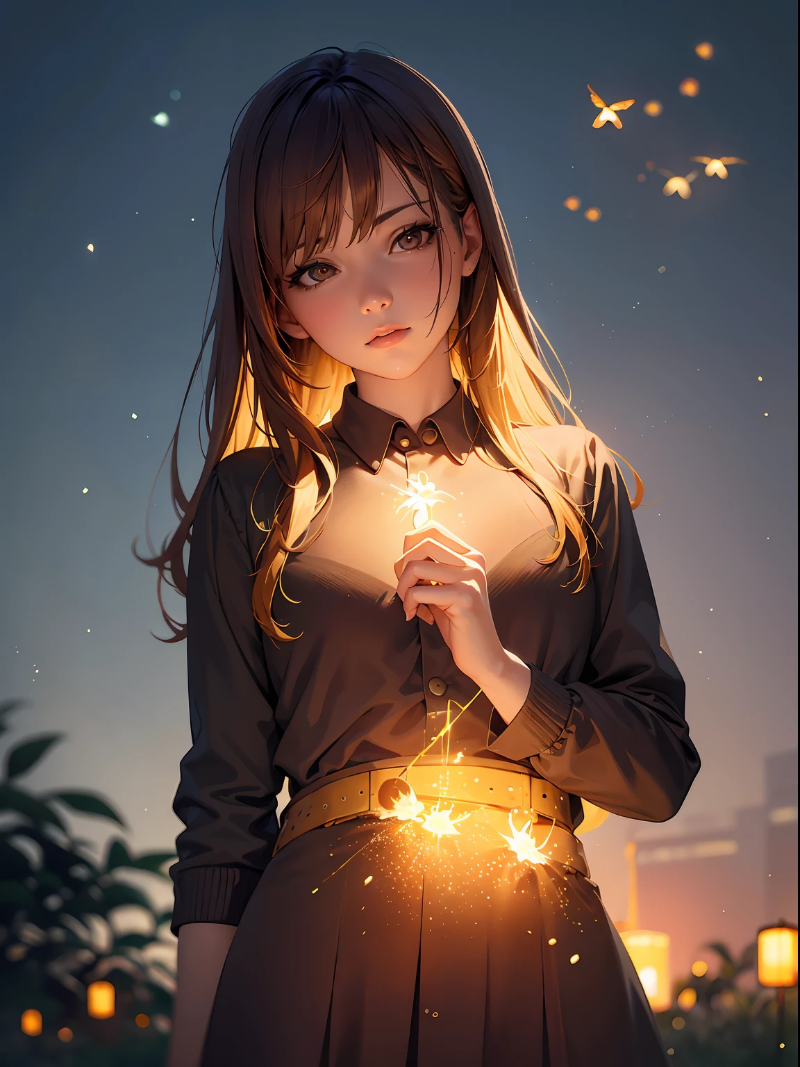 realistic, photorealistic, super detail, one girl, wide angle of view, firefly garden, lots of small faint light and fireflies flying around, night, 24K UHD