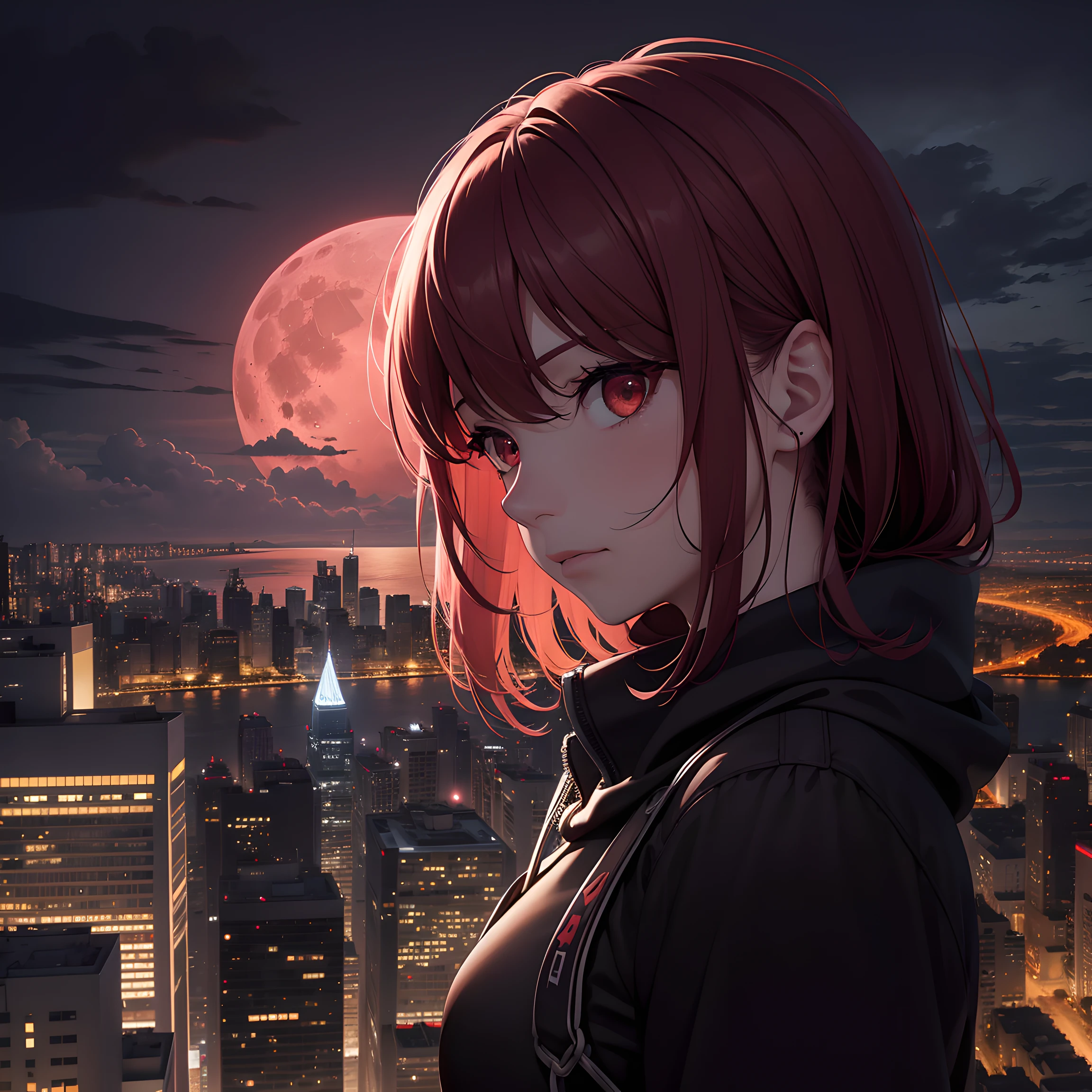 Dark night over the city, Red Moon, Red Moon with Energy Flow, Energy tides, Bad premonitions, scenery, Don't be human, There is energy flow, Highly realistic, 4K, Chiaroscuro, Ultra-high detail awaits the start