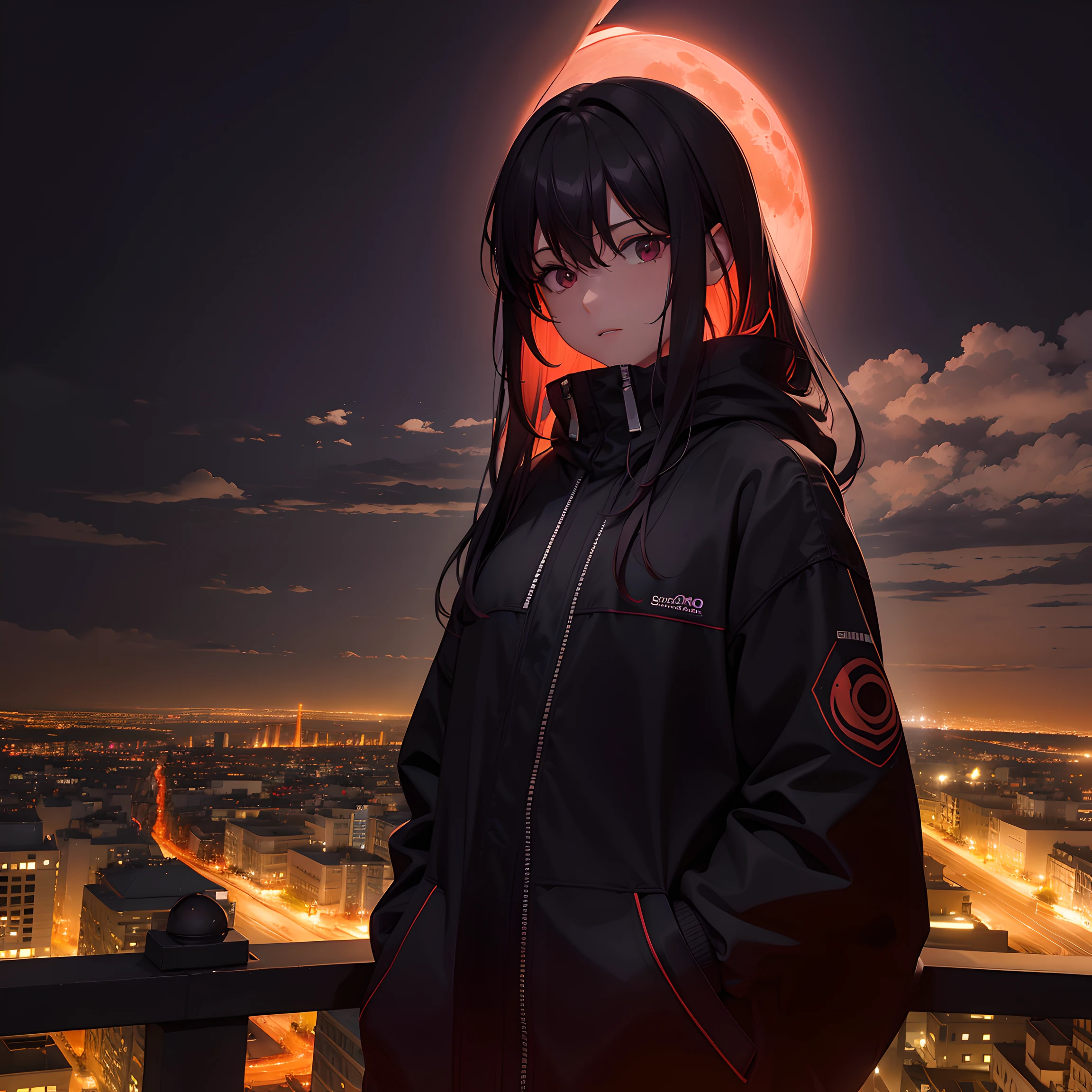 Dark night over the city, Red Moon, Red Moon with Energy Flow, Energy tides, Bad premonitions, scenery, Don't be human, There is energy flow, Highly realistic, 4K, Chiaroscuro, Ultra-high detail awaits the start