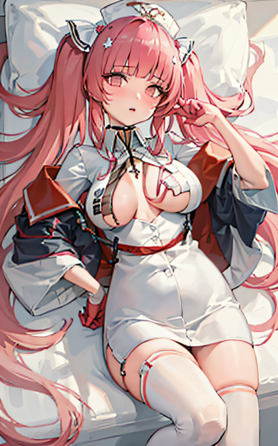 Meisterwerk,1girls,nur,Rosa Haare,rosa Handschuhe,Twintail,nurse cap, Mitte_Opening,flush,((alle Viere)), Meisterwerk, best quality, big boobs, flush