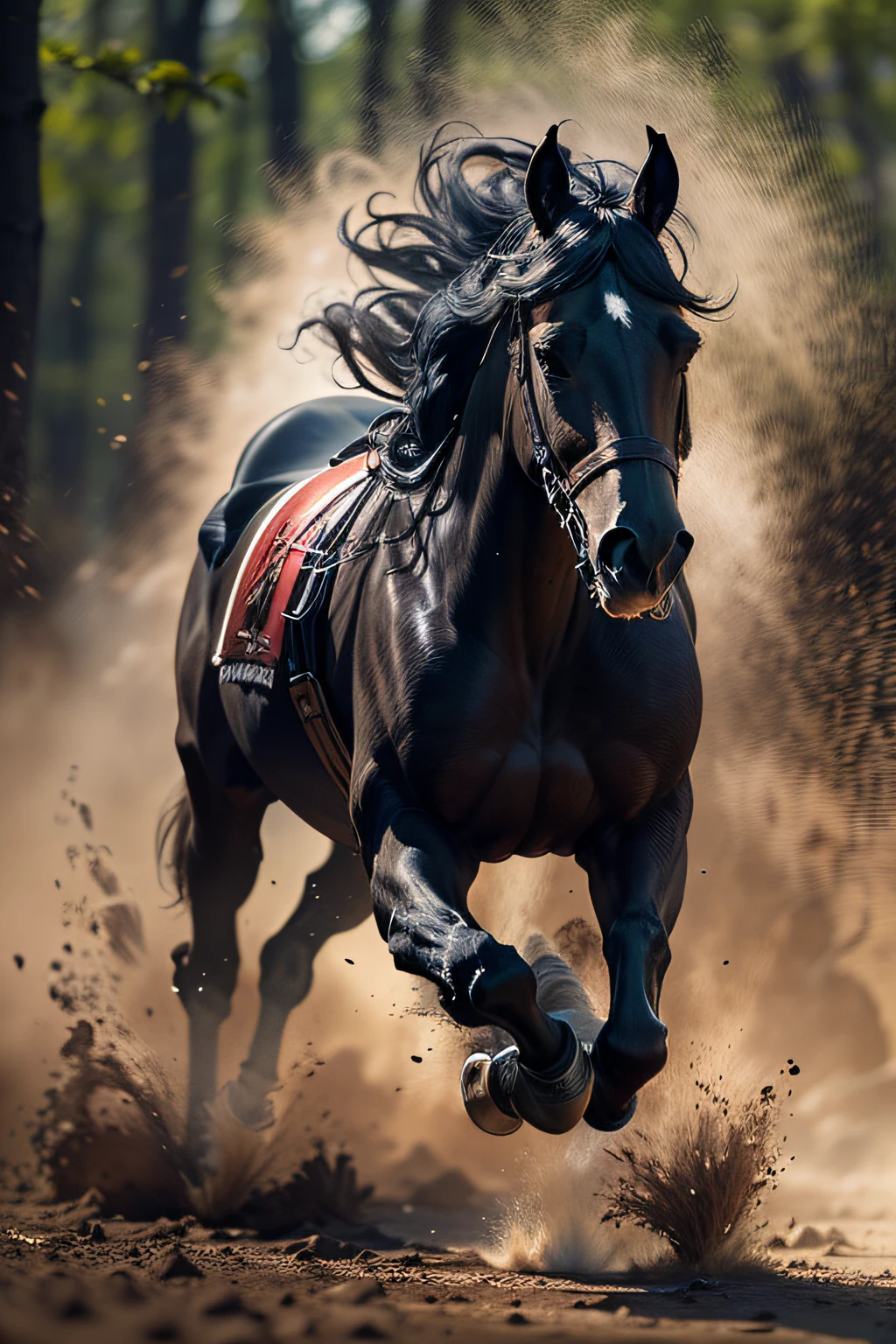 Take a picture of a black horse speeding forward with its paws raised,sem nada de arreamentos como se fosse selvagem