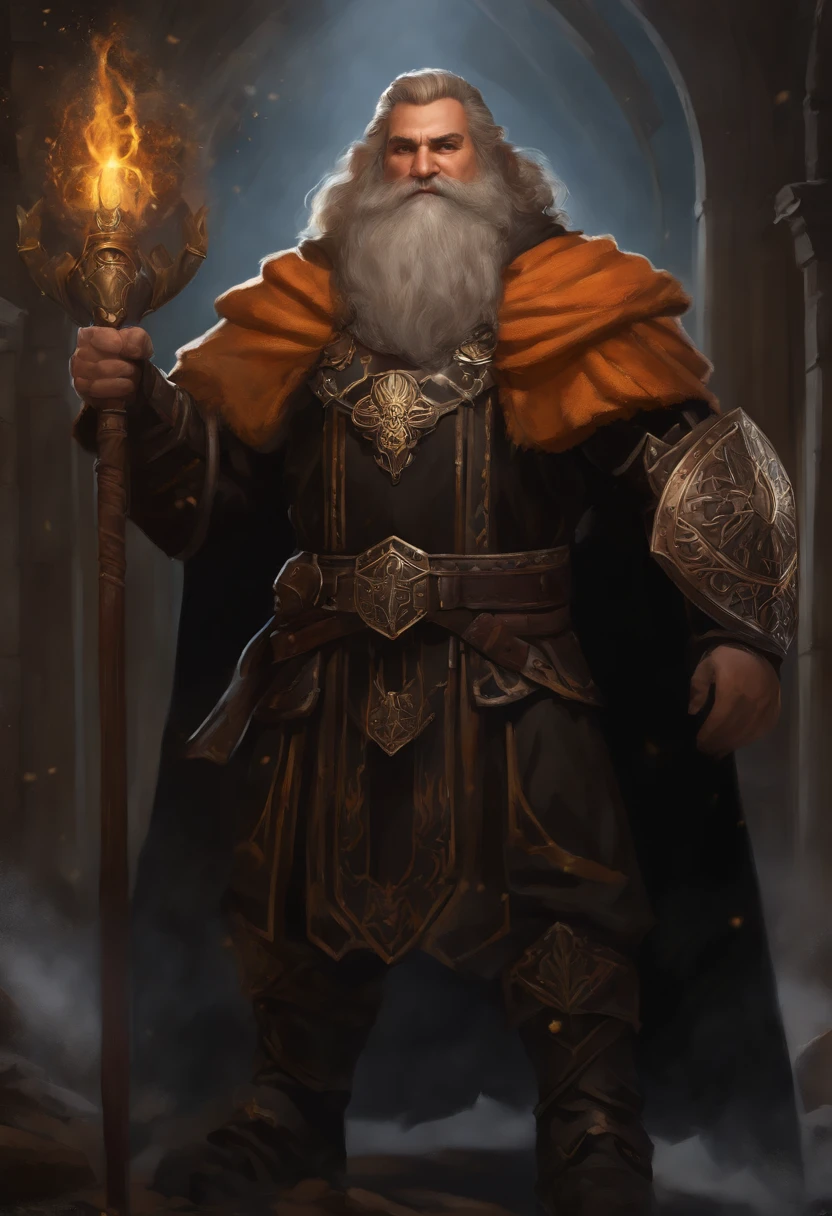 arafed, (male: 1.3), (dwarf: 1.3), (Masterpiece, intense details: 1.5)cleric, paladin, (Masterpiece 1.5, intense details), casting a spell (Masterpiece 1.3, intense details), full body, wearing heavy (black armor: 1.2) with spikes (Masterpiece, intense details: 1.2), orange cloak with (Hammer and anvil symbol: 1.1), flowing cloak (holy symbol hammer and anvil: 1.2), armed with a (magical staff: 1.5) on fire (Masterpiece, intense details: 1.2), blond hair, long braided beard, hair strand, frown, serious, high detail, Realism, Action painting, depth of field, god rays, wide shot, panorama, Ultra-Wide Angle, UHD, super detail, high quality, photorealism, 16K, highres