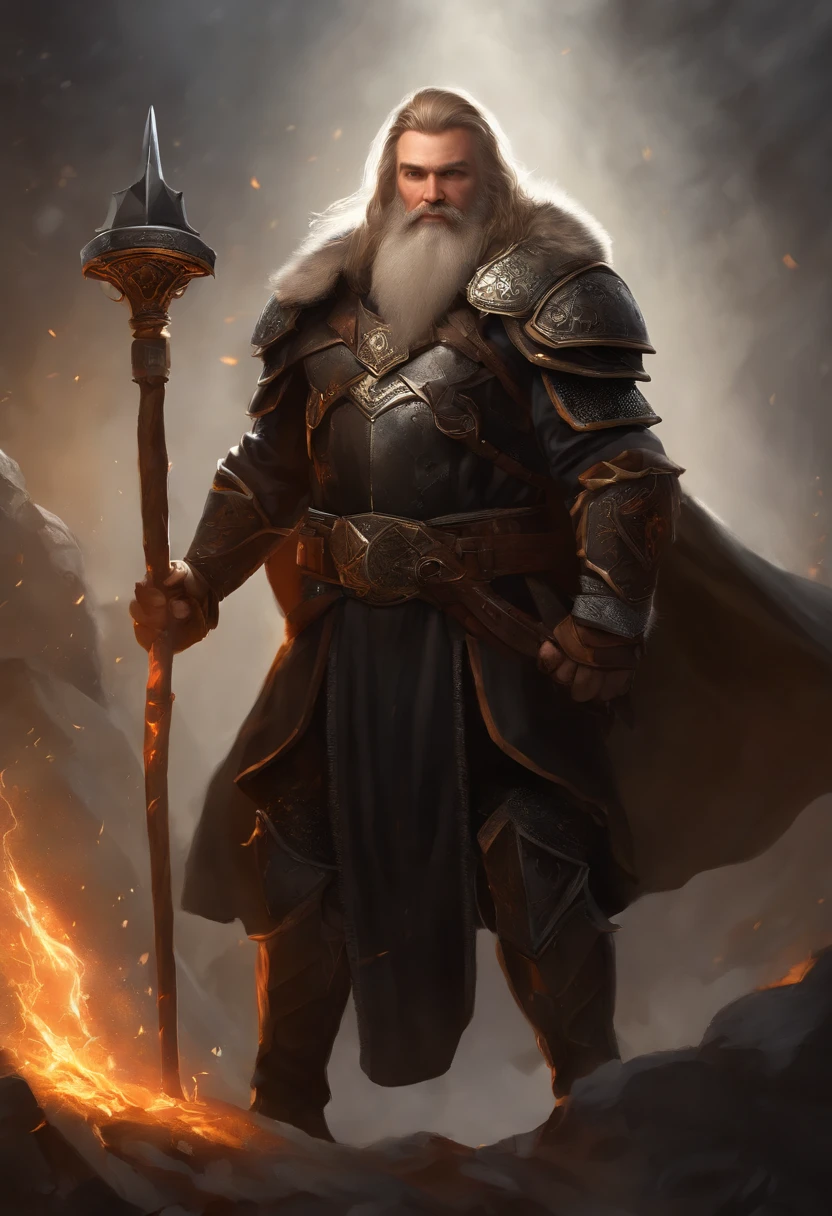 arafed, (male: 1.3), (dwarf: 1.3), (Masterpiece, intense details: 1.5)cleric, paladin, (Masterpiece 1.5, intense details), casting a spell (Masterpiece 1.3, intense details), full body, wearing heavy (black armor: 1.2) with spikes (Masterpiece, intense details: 1.2), orange cloak with (Hammer and anvil symbol: 1.1), flowing cloak (holy symbol hammer and anvil: 1.2), armed with a (magical staff: 1.5) on fire (Masterpiece, intense details: 1.2), blond hair, long braided beard, hair strand, frown, serious, high detail, Realism, Action painting, depth of field, god rays, wide shot, panorama, Ultra-Wide Angle, UHD, super detail, high quality, photorealism, 16K, highres