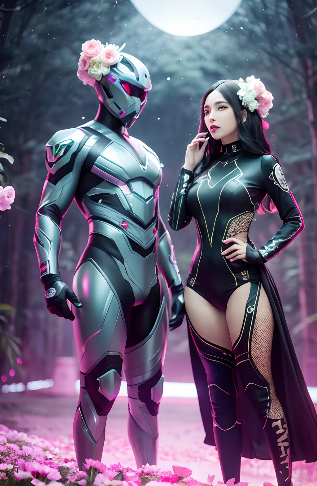 a happy Black man wedding a black woman both wearing futuristic african designed clothes getting married, in a futuristic planet full of mechanised forests and flowers, high-tech sphere drones in the sky shining with beautiful and vibrant light,  with iridescent light, photorealistic image, ultra HD, cinematic lighting, art by Bella kotak, artgerm style, unreal engine rendered, 32k, --auto --s2