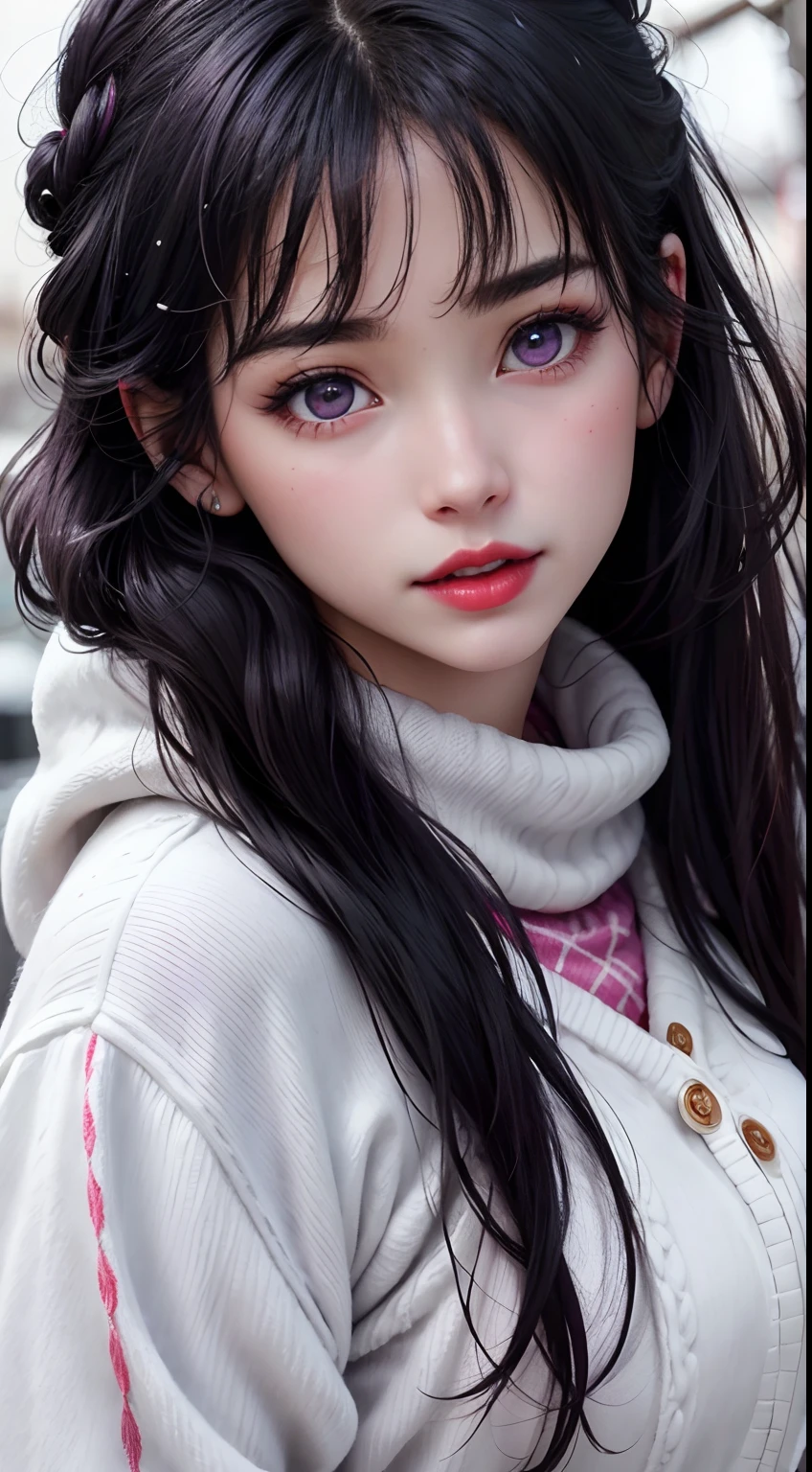Beautiful girl with black hair, purple eyes, blush, red lips,wearing White sweater, shall, Snow, beautiful girl, gorgeous, snow rain, Amazing, best quality, perfect, extremely detailed, realistic, 8k resolution