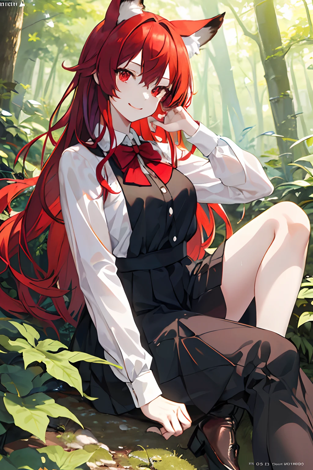 ((masterpiece)), expressionless, (((best quality))), ((illustration)),
1girl, fox ears, ((solo)), (detailed face), (beautiful detailed eyes), light eyes, red eyes, ((disheveled hair)), red hair,long hair, full body,
smile, blank stare, sitting, ((looking to the side)),
bow tie hair band, white shirt,black skirt, noble, mysterious,
bright background, in forest, nature, sunshines through the leaves, butterfly, river, close-up, (cover-style:1.3), fashionable, woman, vibrant, outfit, posing, front, colorful, dynamic, background, elements, confident, expression, holding, statement, accessory, majestic, coiled, around, touch, scene, cover, bold, attention-grabbing,, stylish, font, catchy, larger, striking, modern, trendy, focus, fashion,
