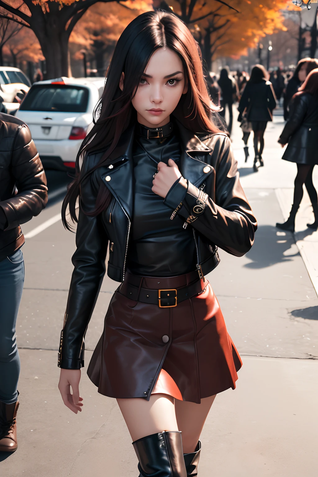 (best quality,highres,masterpiece:1.2),1girl,beautiful detailed face,flowing long hair, three stylish studdet belts,edgy leather jacket,sleek leather boots,chic leather skirt,determined gaze, walking in central park in new york