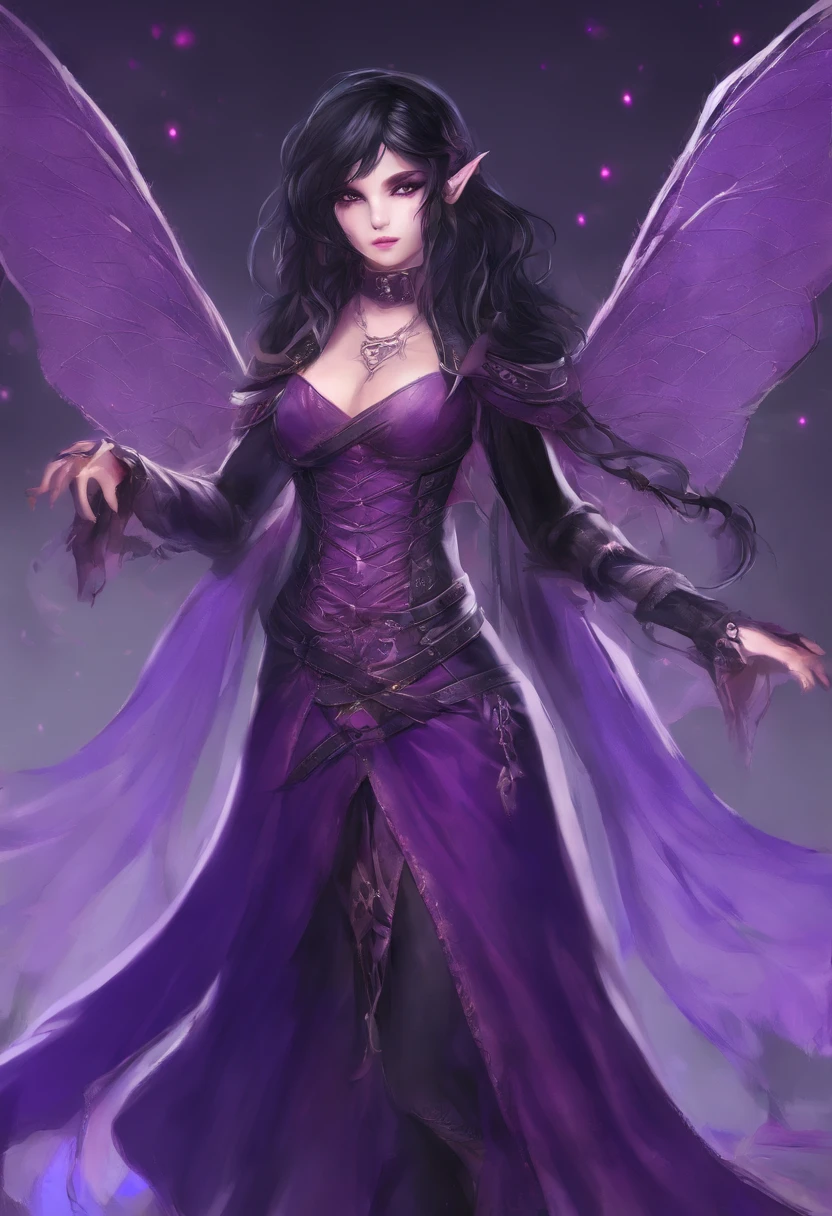 female, drow, sorcerer, young, innocent looking, brown eyes, black hair, dark purple skin, pointed ears, highest image quality, liang xing,