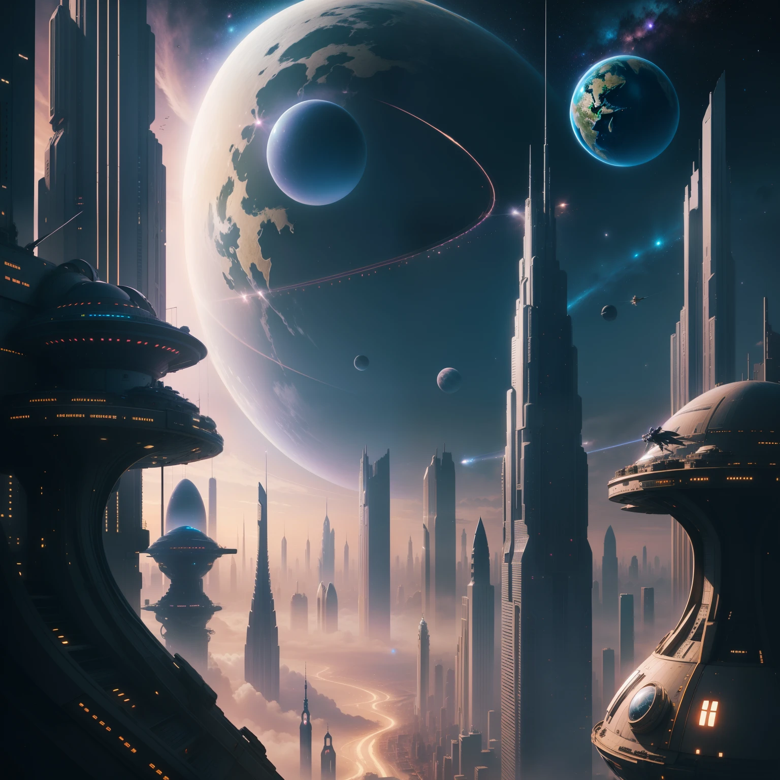 Space City、Futuristic cities、an alien、Soaring in the Universe、ciberpunk、Skyscrapers line the streets、space station、topquality、tmasterpiece、24century、dream、utopian、planet earth、World of Dreams、fantasy、romantic、Beautiful city