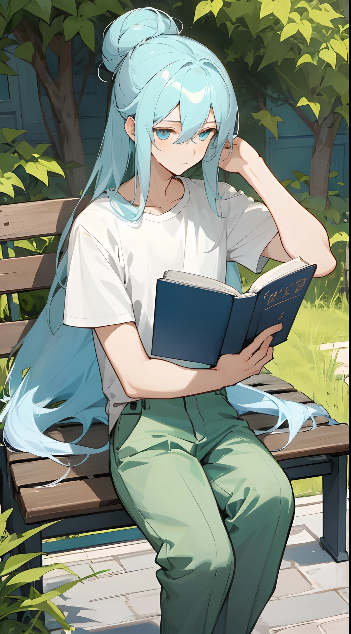 (masterpiece, best quality) detailed, 1Character , blue archive art style , pastel washed out colors , cell shade , soft, muted shades ,gentle colors ,
Sunny day , sitting on a wooden bench outside , rim light, happy scene , wearing khaki pants and a light green t shirt , peaceful, reading a book , hair up in a bun . Wearing sunglasses ,Handsome young man , long hair , light blue hair , pale skin , golden eyes , age 21