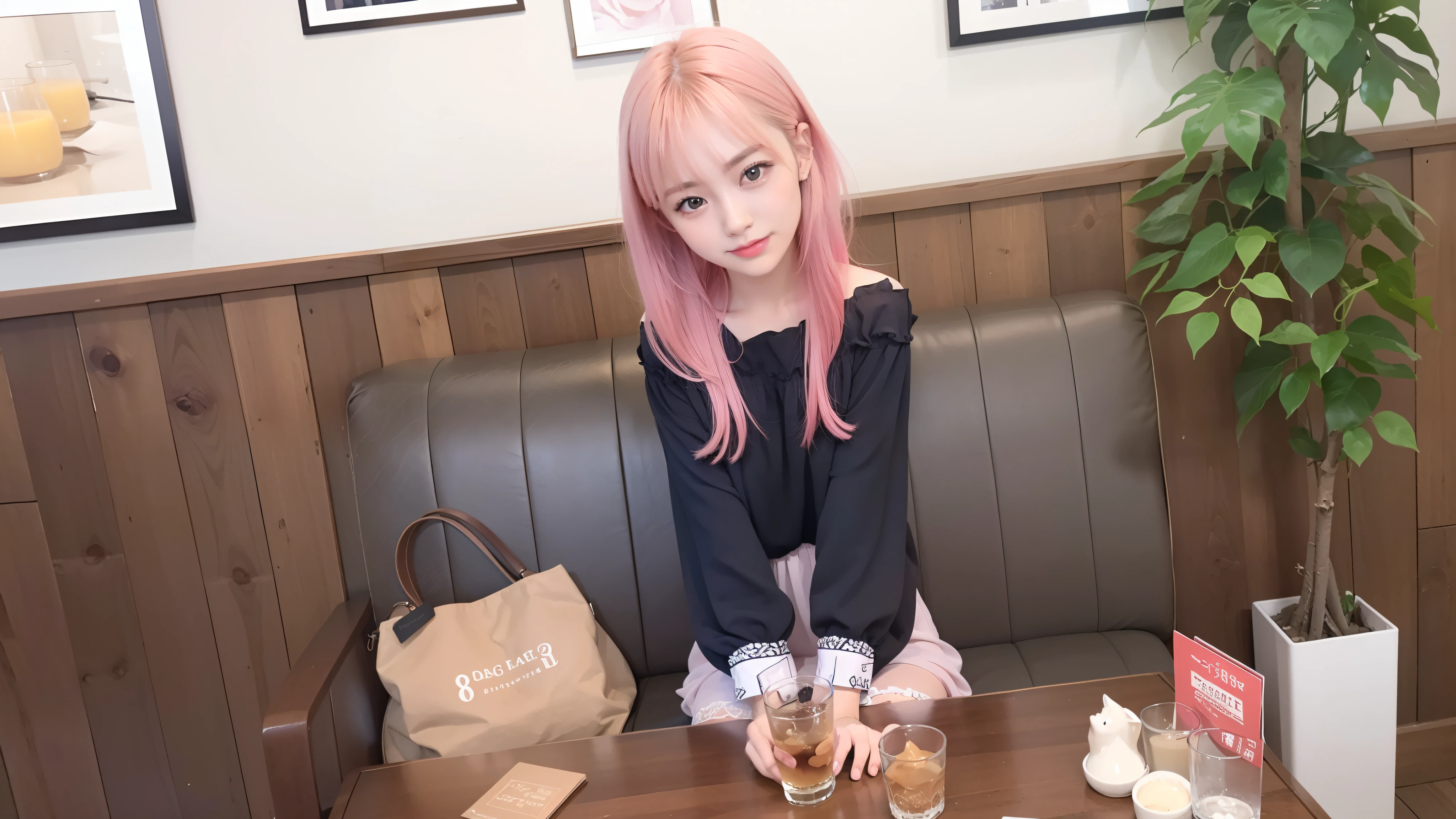 ((of the highest quality, 8K, masutepiece: 1.3, Raw photo)), Sharp Focus: 1.2, (1 AESPA Girl :1.1), Solo, (Realistic, Photorealistic: 1.37), (Face Focus: 1.1), Cute face, hyperdetailed face, short messy hair, Small Smile, small breasts, flat chest, full , Off-the-shoulder chiffon dress, lingerie, sitting, thigh, (night, bar: 1.1), flower, iris