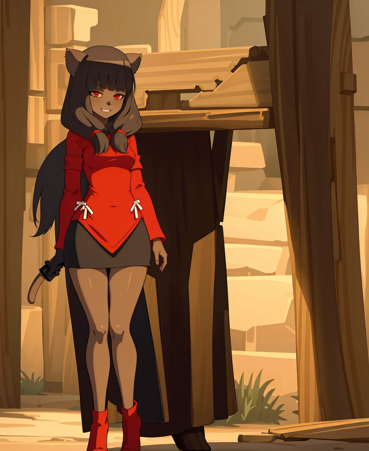 1girl, dark skin, smile, cat ears, bangs, long hair, freckles, full body, ,, red eyes, hood , cloak, yellow cloths, full body
