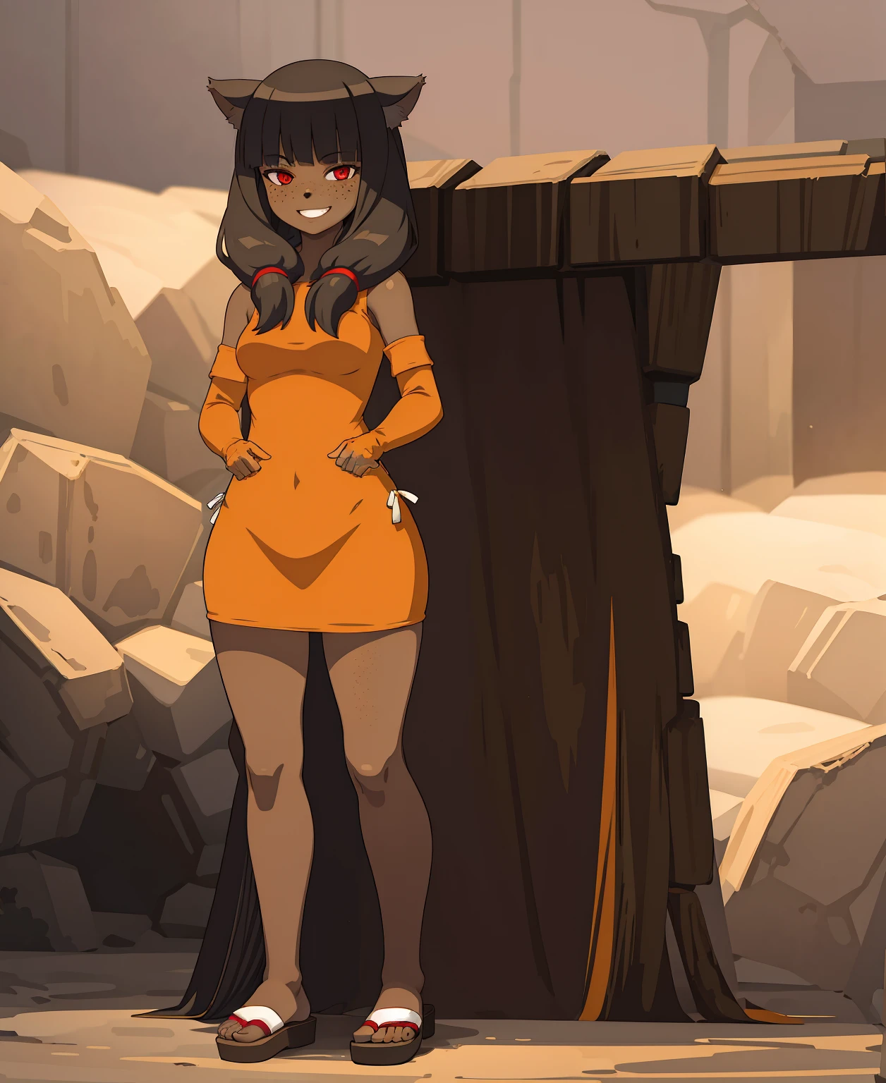 1girl, dark skin, smile, cat ears, bangs, long hair, freckles, full body, ,, red eyes, hood , cloak, yellow cloths, full body, flipflops