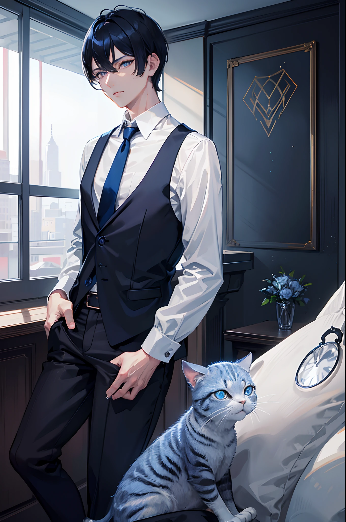 A dark-haired　blue eyess　Short hair　male people　ember　jaket　Cutter shirt　slacks　Leather shoes　　Cuddling a cat in a room　​masterpiece　Top image quality　Clear　cinematic shadow　Increased attractiveness of the eyes　Clear the shine of the eyes　Draw eyelashes neatly　Perfect Eye　A detailed eye　Sharpen image quality　Sharpen eye writing　Clear eye shape