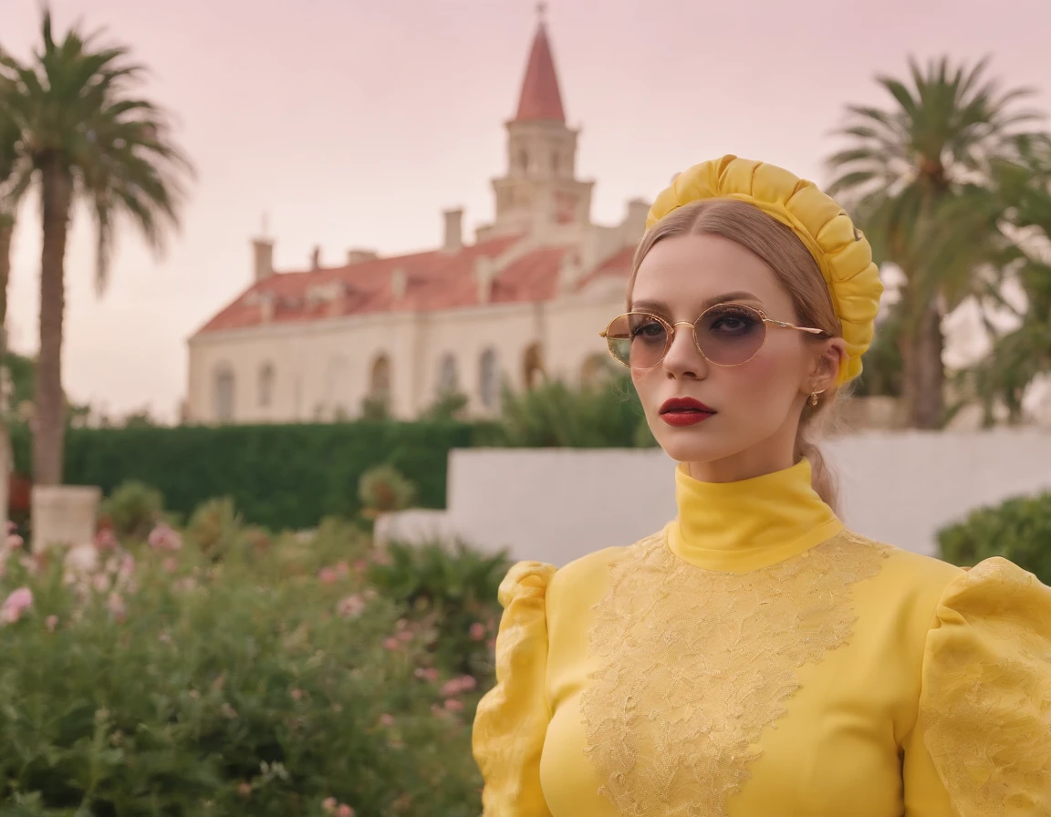 8k portrait of a 1960s science fiction film by Wes Anderson, Vogue anos 1960, rosa pastel cores, amarelo, azul, verde, pink castle, 8k, ultra realistic, hig definition, palm trees, mansion, doll house style, corvette 1956 pink,, Luz Natural, Psicodelia, futurista estranho, fotorrealista, hiper detalhado, foco nítido, Intrinsic, Fuji filmes 55mm, singer holding microphone, There are people wearing weird futuristic chameleon masks and wearing extravagant retro fashion outfits and men and women wearing alien makeup and old ornaments with mechanical pets in town, shot from behind, Luz Natural, Psicodelia, futurista estranho, fotorrealista, hiper detalhado, foco nítido, Intrinsic, Fuji filmes 55mm,