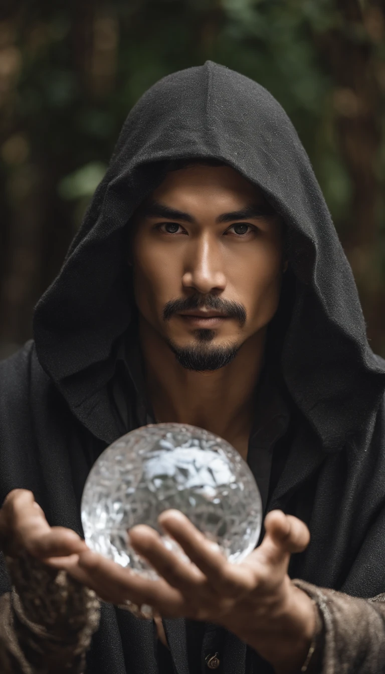 30-year-old middle-aged Asian man,long, whitish hair,Cabelos enrolados,barba longa,Close-up of holding a crystal ball in your hand,staring directly at camera,Medite de pernas cruzadas, no centro,clear facial features,cores muito brilhantes, light particles, com luz brilhante, Mshiv, Arte do papel de parede, Papel de parede UHD