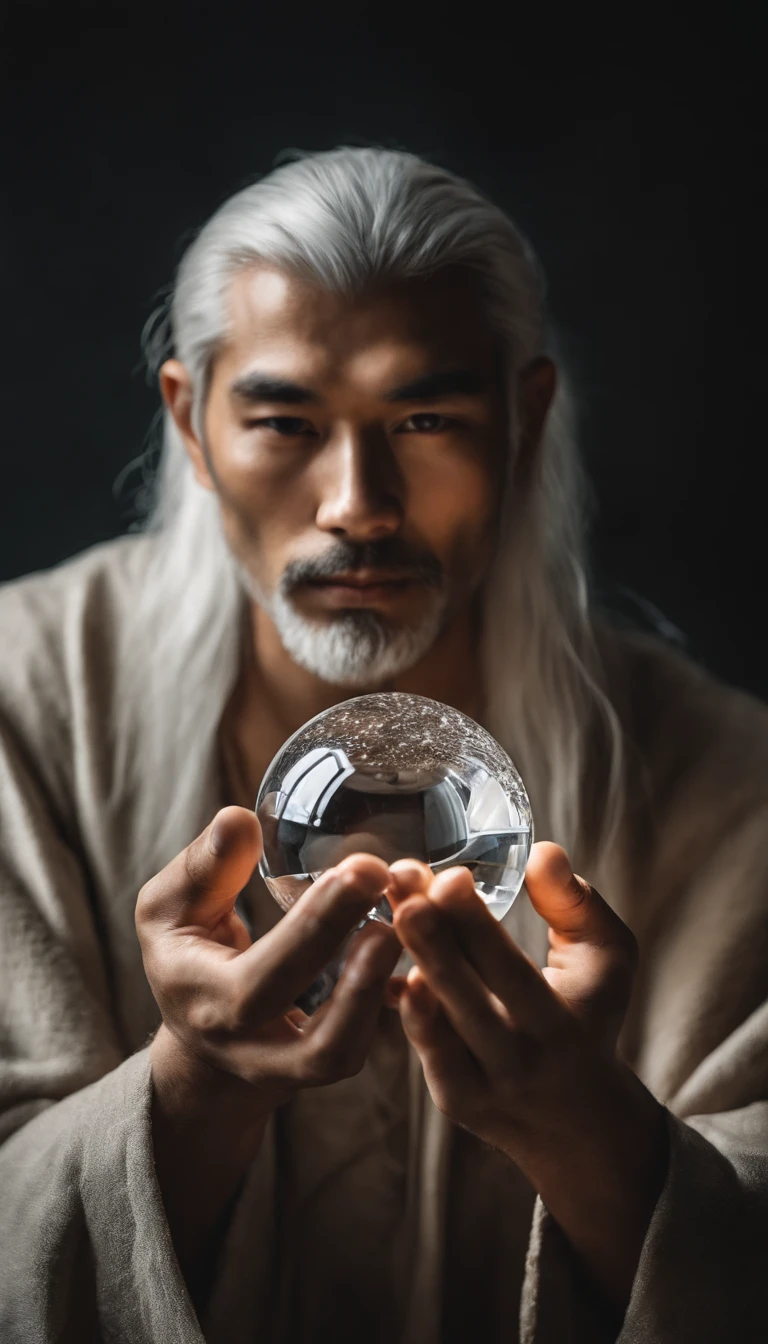 30-year-old middle-aged Asian man，long, whitish hair，Cabelos enrolados，barba longa，Close-up of holding a crystal ball in your hand，staring directly at camera，Medite de pernas cruzadas, no centro，clear facial features，cores muito brilhantes, light particles, com luz brilhante, Mshiv, Arte do papel de parede, Papel de parede UHD