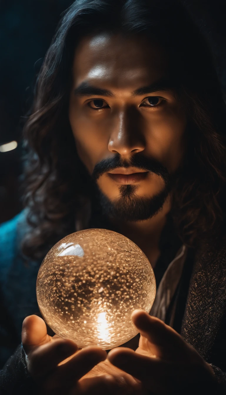 30-year-old middle-aged Asian man，long, whitish hair，Cabelos enrolados，barba longa，Close-up of holding a crystal ball in your hand，staring directly at camera，Medite de pernas cruzadas, no centro，clear facial features，cores muito brilhantes, light particles, com luz brilhante, Mshiv, Arte do papel de parede, Papel de parede UHD