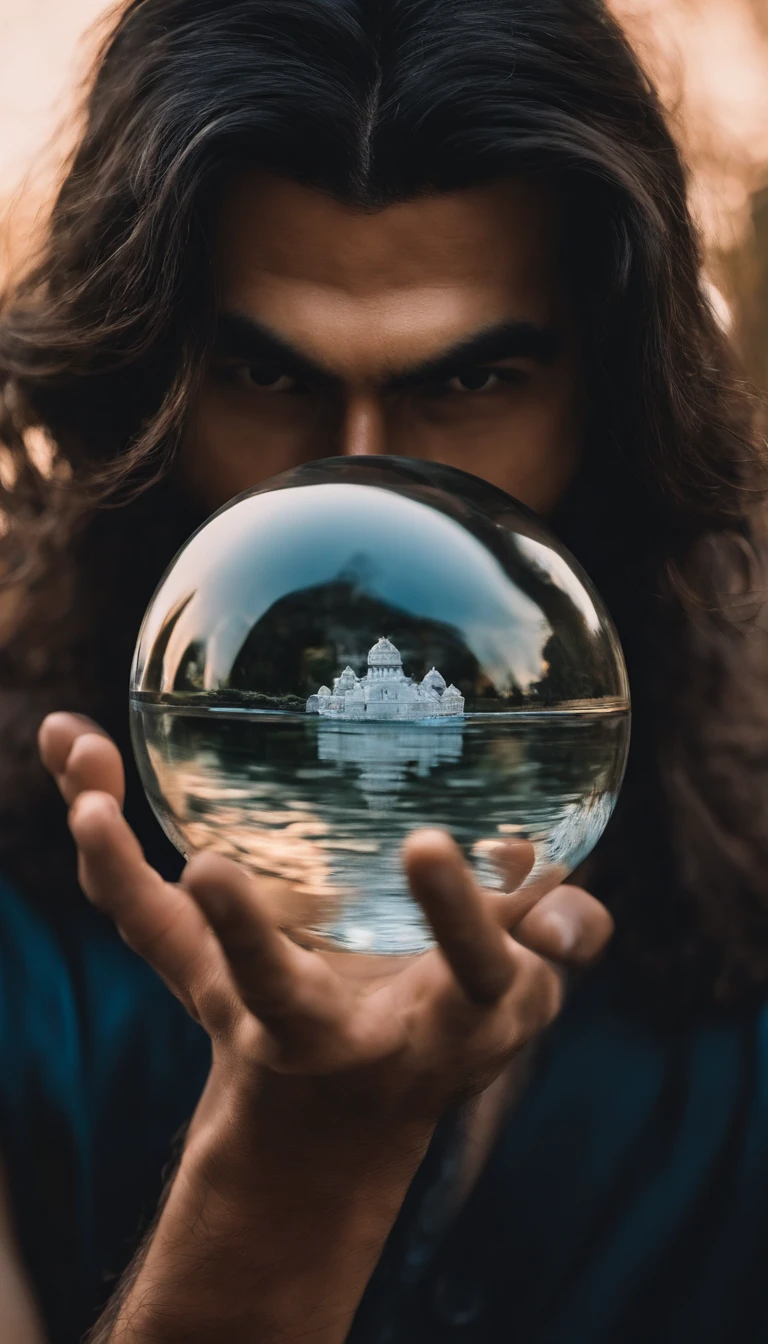 30-year-old middle-aged Asian man,long, whitish hair,Cabelos enrolados,barba longa,Close-up of holding a crystal ball in your hand,staring directly at camera,Medite de pernas cruzadas, no centro,clear facial features,cores muito brilhantes, light particles, com luz brilhante, Mshiv, Arte do papel de parede, Papel de parede UHD