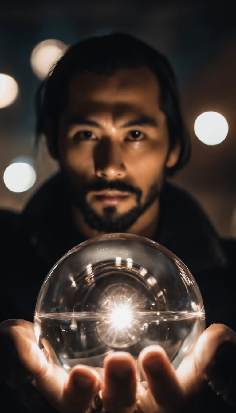 30-year-old middle-aged Asian man,long, whitish hair,Cabelos enrolados,barba longa,Close-up of holding a small glowing crystal ball in her hand,staring directly at camera,Medite de pernas cruzadas, no centro,clear facial features,cores muito brilhantes, light particles, com luz brilhante, Arte do papel de parede, Papel de parede UHD
