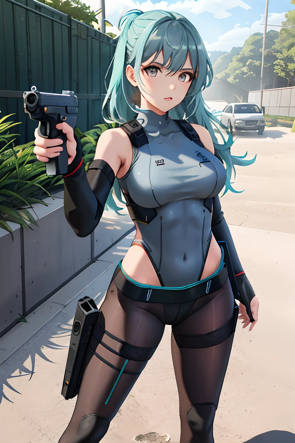 1girl, grey eyes, long aqua hair, aiming at viewer, holding pistol, handgun, masterpiece, detailed shadows, detailed light, highly detailed, best quality, HD, 4K, high quality, (black skintight bodysuit, red leotard, shoulder holster), glock17, matching boots, full body, serious