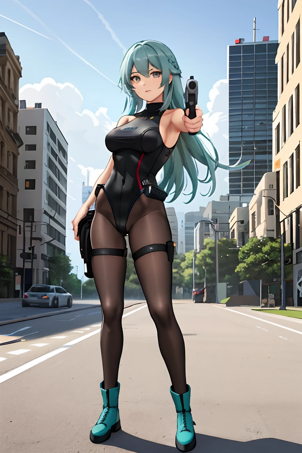 1girl, grey eyes, long aqua hair, aiming at viewer, holding pistol, handgun, masterpiece, detailed shadows, detailed light, highly detailed, best quality, HD, 4K, high quality, (black skintight bodysuit, red leotard, shoulder holster), glock17, matching boots, full body, serious