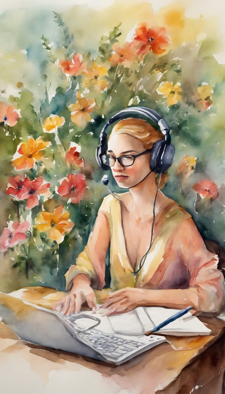 olhando para o computador, mulher, fone de ouvido, quarto, flores, lofi , sentada estudando e olhando para o computador, fone de ouvido, flores