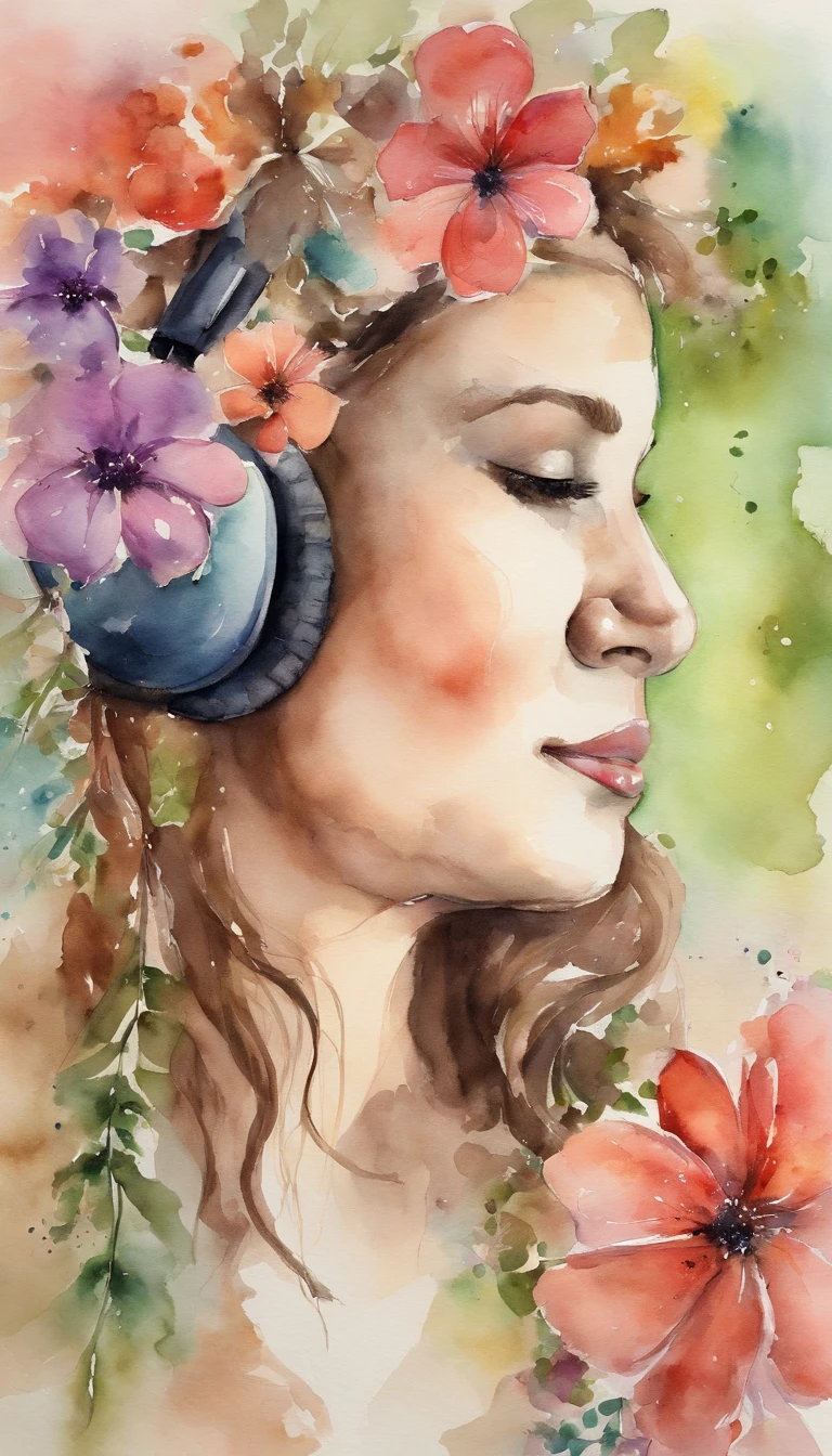 olhando para o computador, mulher, fone de ouvido, quarto, flores, lofi , sentada estudando e olhando para o computador, fone de ouvido, flores