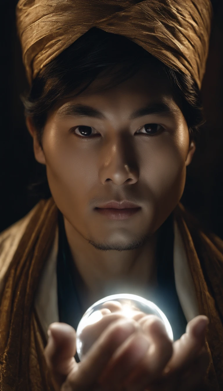 30-year-old middle-aged Asian man，long, whitish hair，Cabelos enrolados，barba longa，Close-up of holding a small glowing crystal ball in her hand，staring directly at camera，Medite de pernas cruzadas, no centro，clear facial features，cores muito brilhantes, light particles, com luz brilhante, Arte do papel de parede, Papel de parede UHD