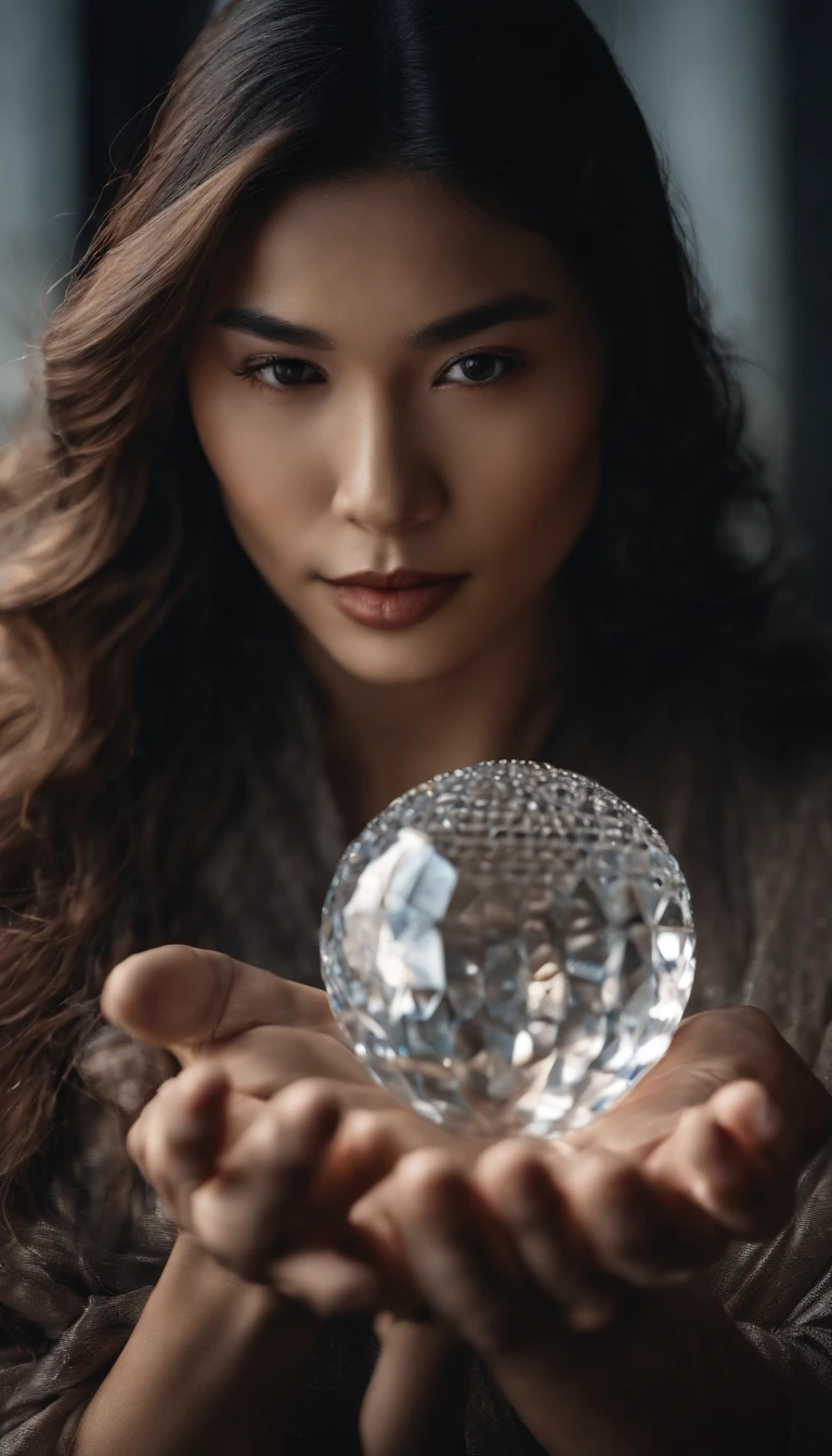 30-year-old middle-aged Asian man，long, whitish hair，Cabelos enrolados，barba longa，Close-up of holding a small glowing crystal ball in her hand，staring directly at camera，Medite de pernas cruzadas, no centro，clear facial features，cores muito brilhantes, light particles, com luz brilhante, Arte do papel de parede, Papel de parede UHD