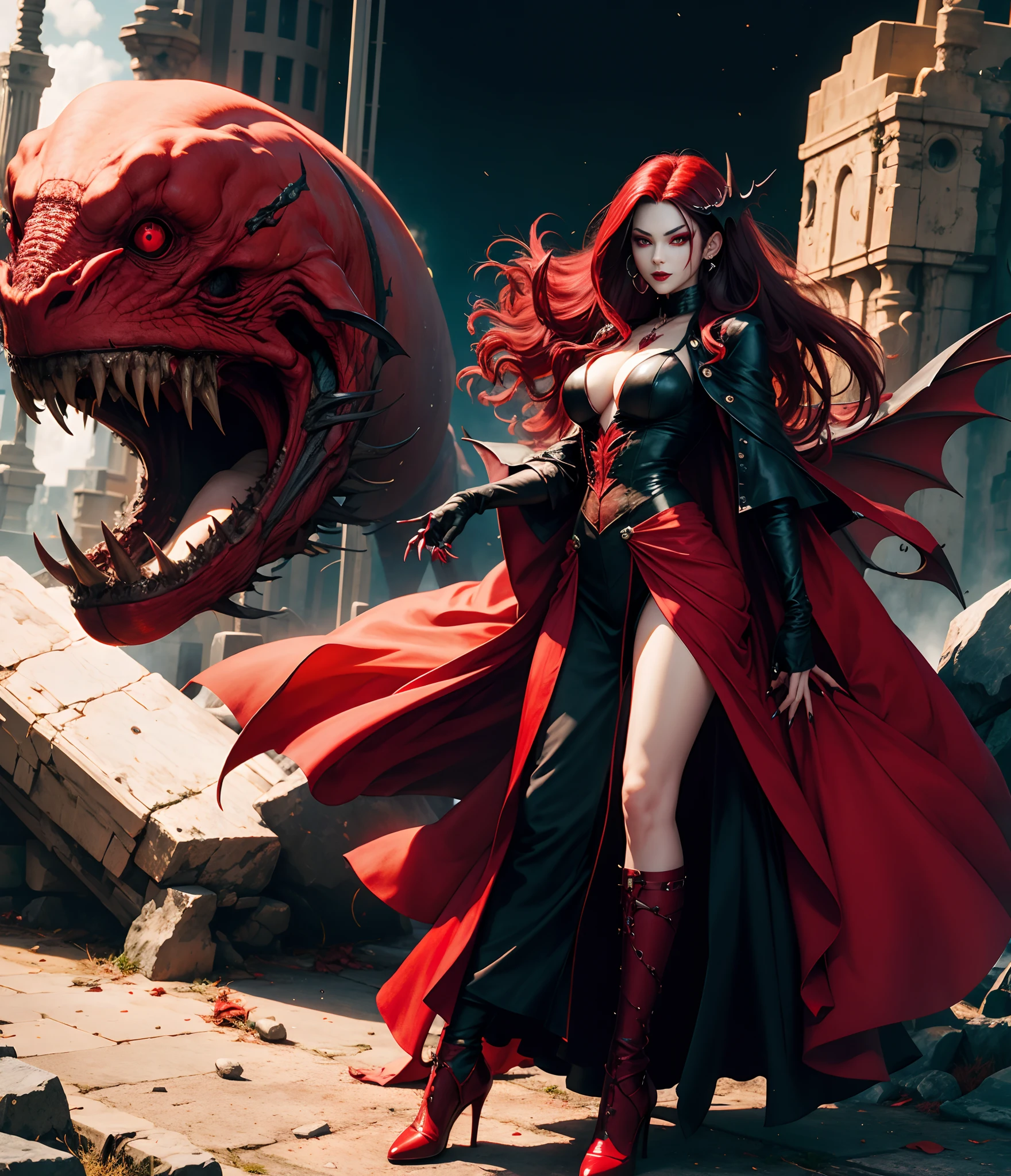Vampire, blood halo, red eyes and long red nails, full body, side view