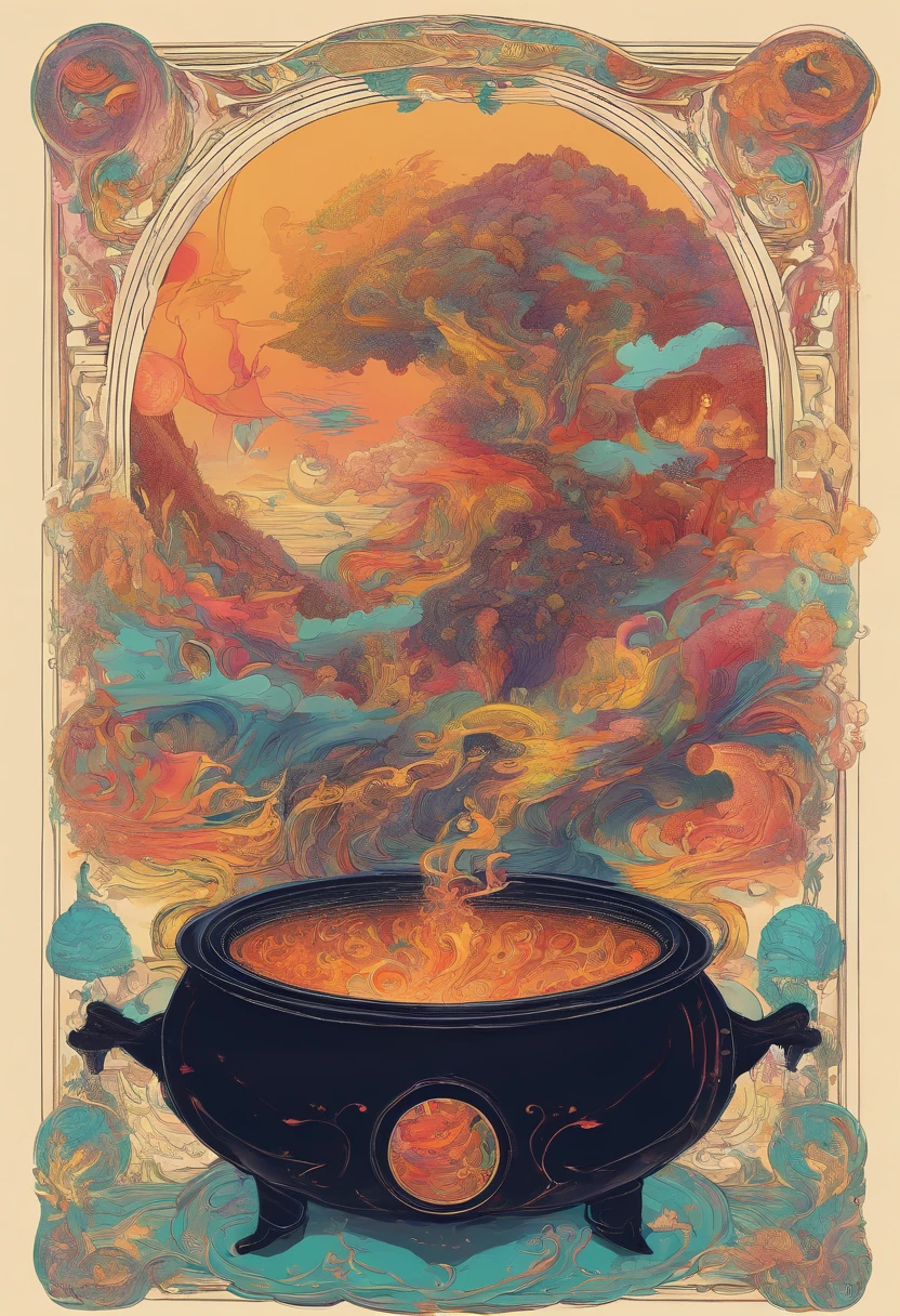 Show an education scenario of the future, com salas de aula virtuais, mentores inteligentes, e o potencial para o aprendizado interestelar. 8k a closeup of a cauldron with smoke coming out of it, lute, Tempo Lunar, Psychedelic Effect, Lua ao fundo em cima, lua dourada, lua minguante, lua quarto minguante