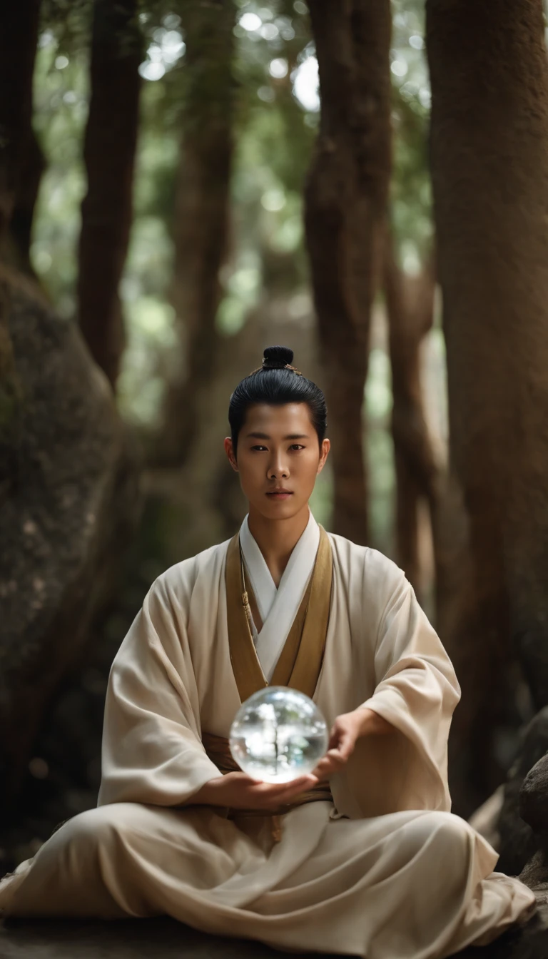 Close-up of a young Chinese Taoist leader sitting on a rock,cabelos longos,barba longa,Close-up of holding a crystal ball in your hand,staring directly at camera,Medite de pernas cruzadas, no centro,clear facial features,cores muito brilhantes, light particles, com luz brilhante, Mshiv, Arte do papel de parede, Papel de parede UHD