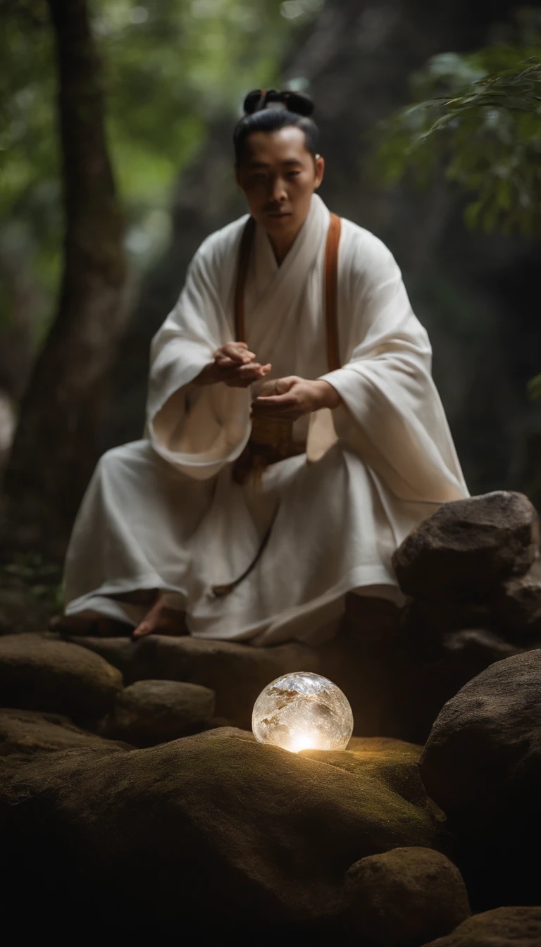 Close-up of a young Chinese Taoist leader sitting on a rock,cabelos longos,barba longa,Close-up of holding a crystal ball in your hand,staring directly at camera,Medite de pernas cruzadas, no centro,clear facial features,cores muito brilhantes, light particles, com luz brilhante, Mshiv, Arte do papel de parede, Papel de parede UHD